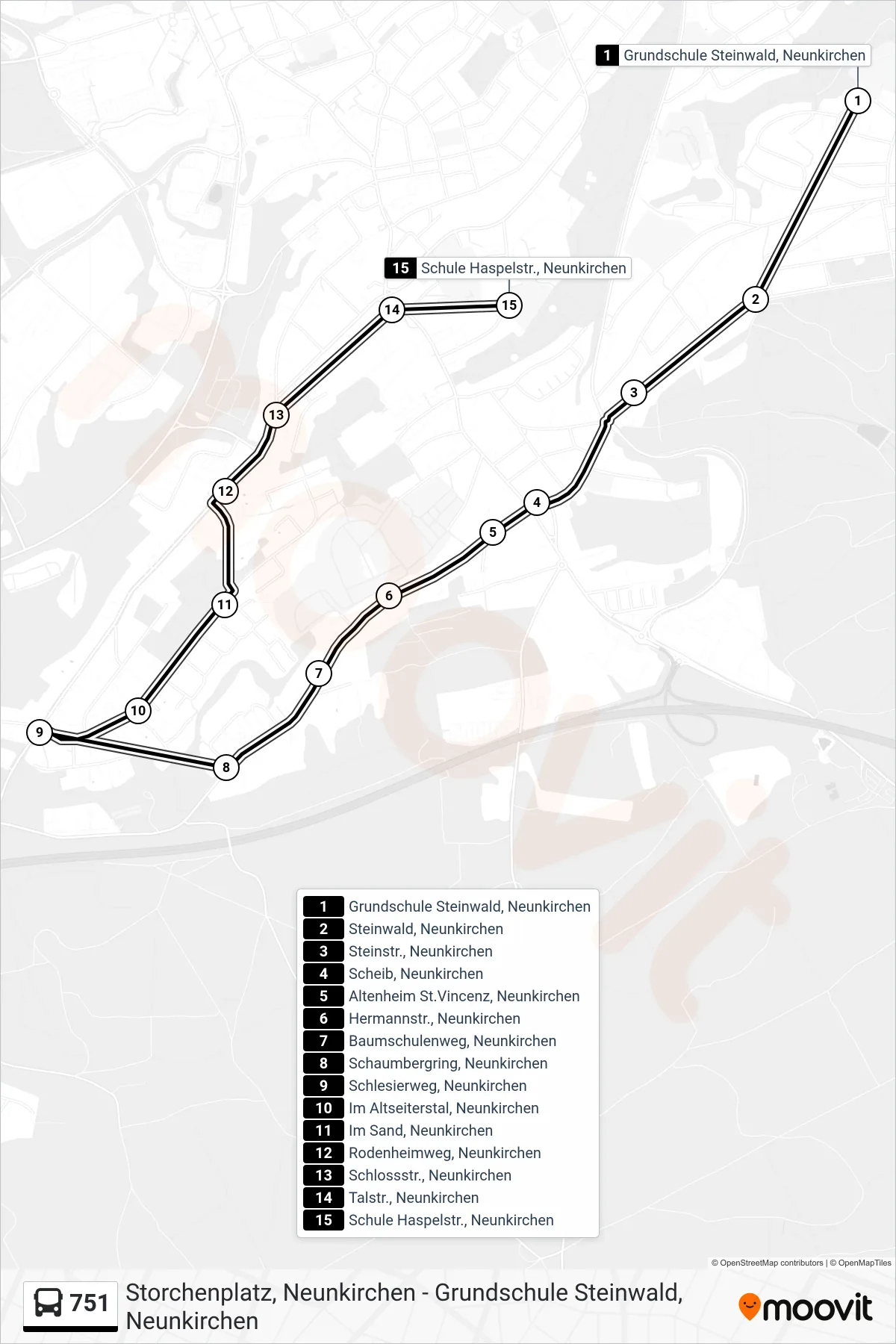 751 bus Line (Schule Haspelstr., Neunkirchen) route and stops on a map