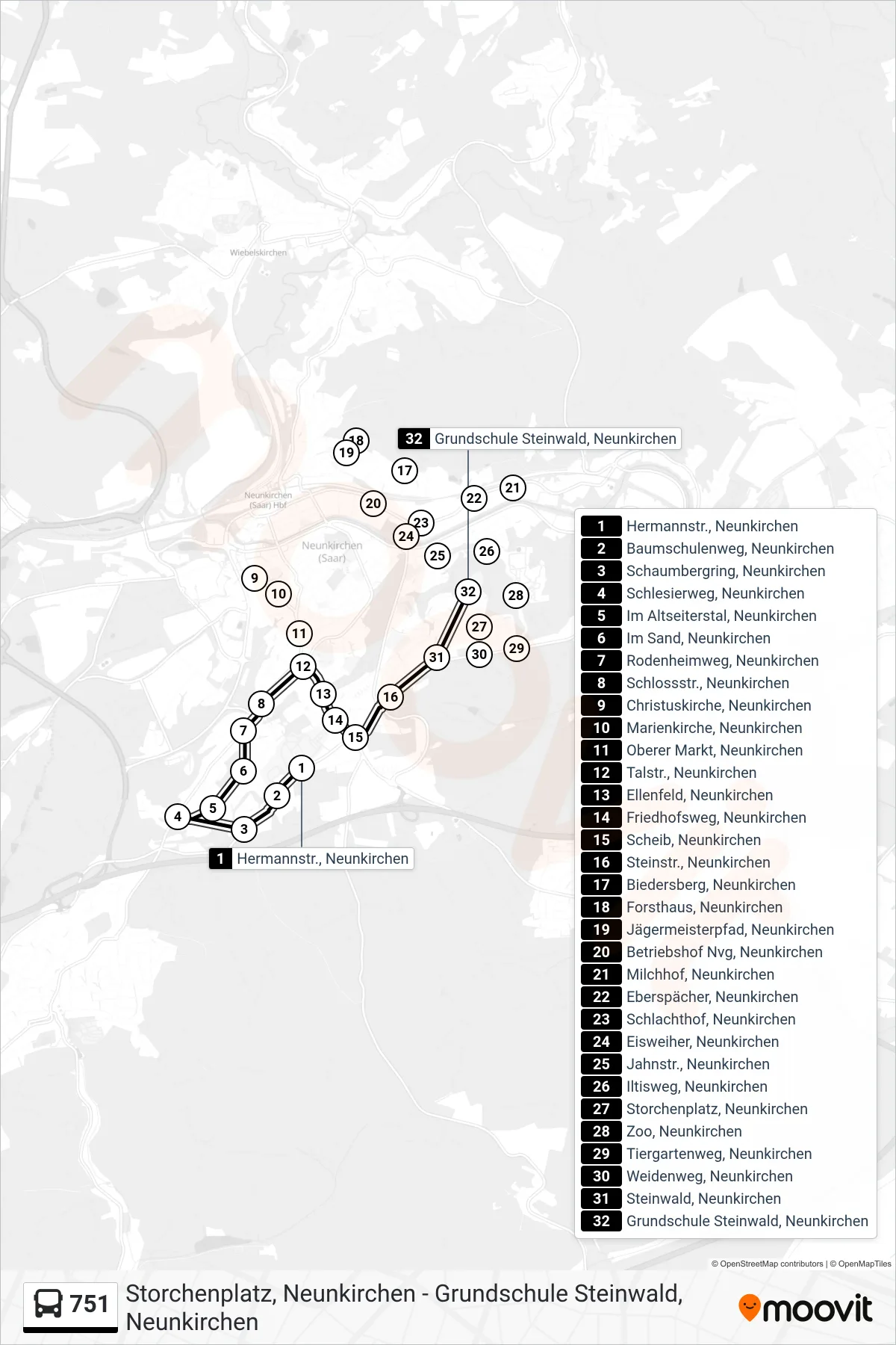 751 bus Line (Grundschule Steinwald, Neunkirchen) route and stops on a map