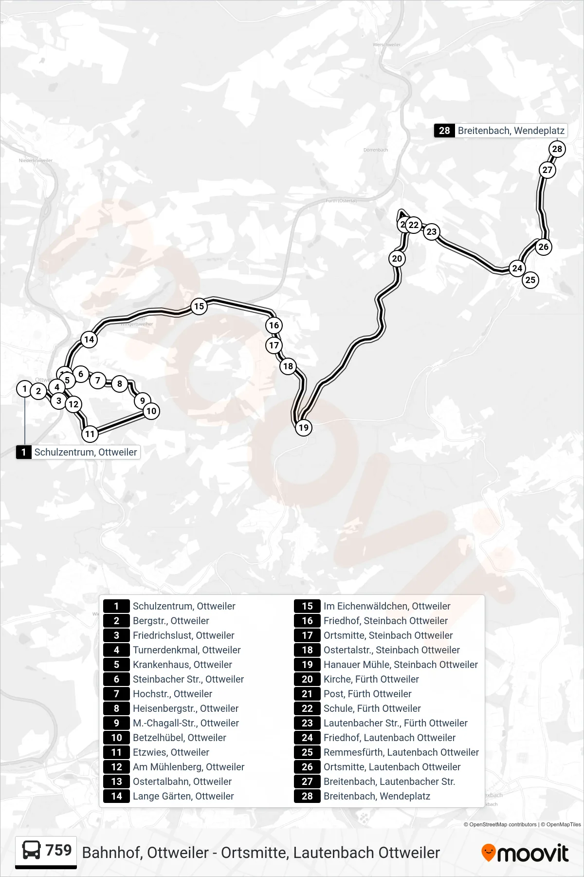 Linie 759 (Bus) Richtung Breitenbach, Wendeplatz: Route und Haltestellen auf der Karte