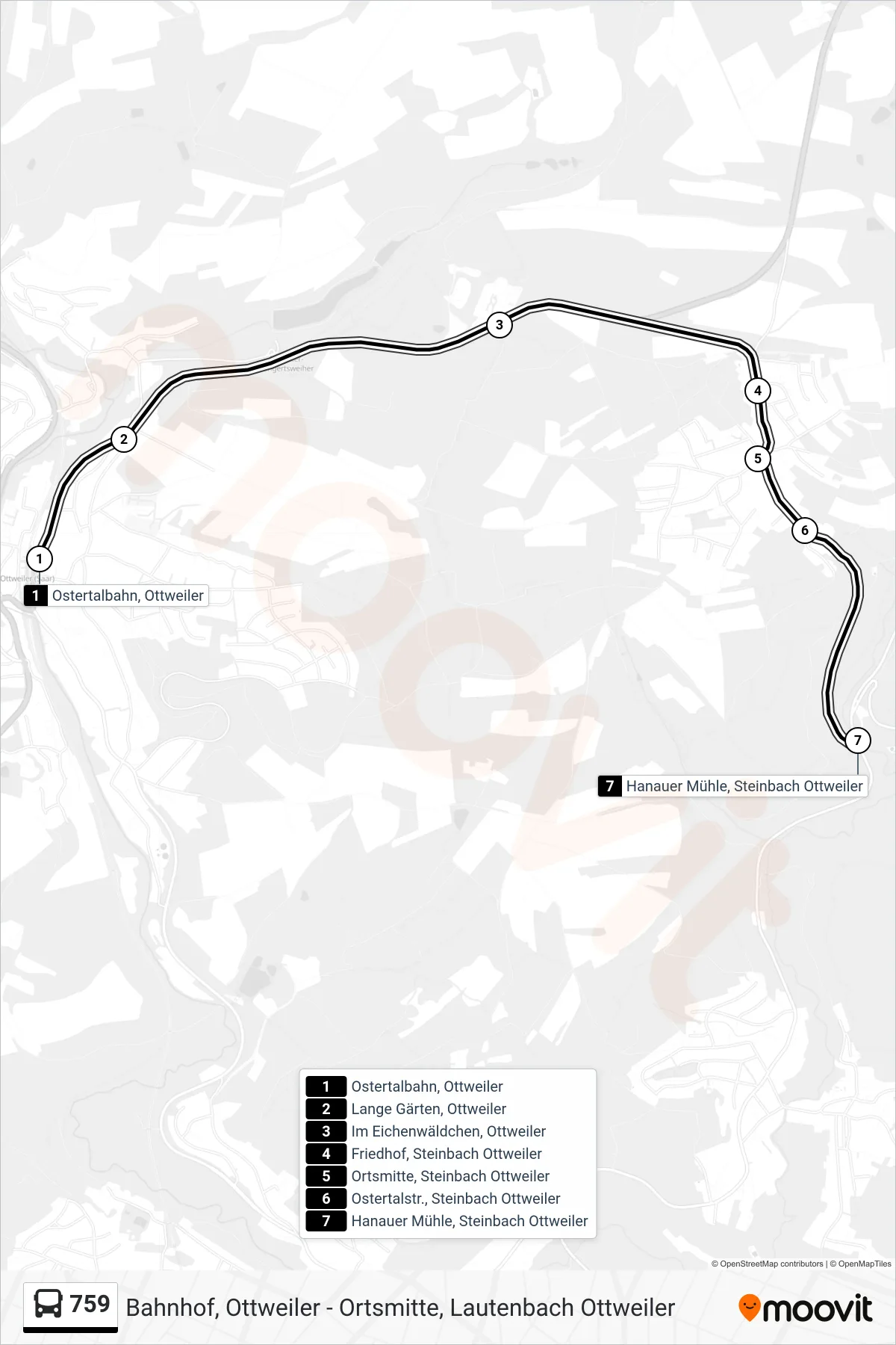 759 bus Line (Hanauer Mühle, Steinbach Ottweiler) route and stops on a map