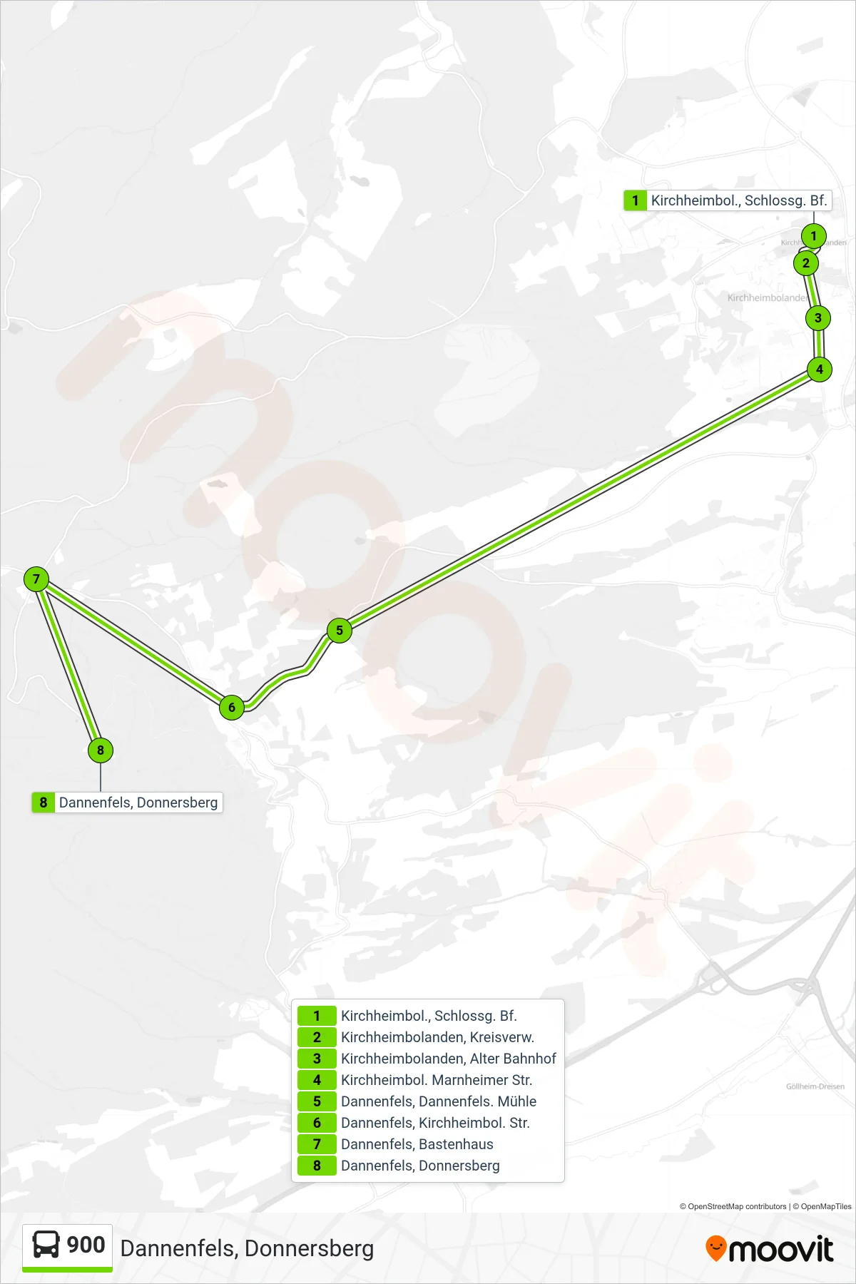 900 bus Line (Dannenfels, Donnersberg) route and stops on a map