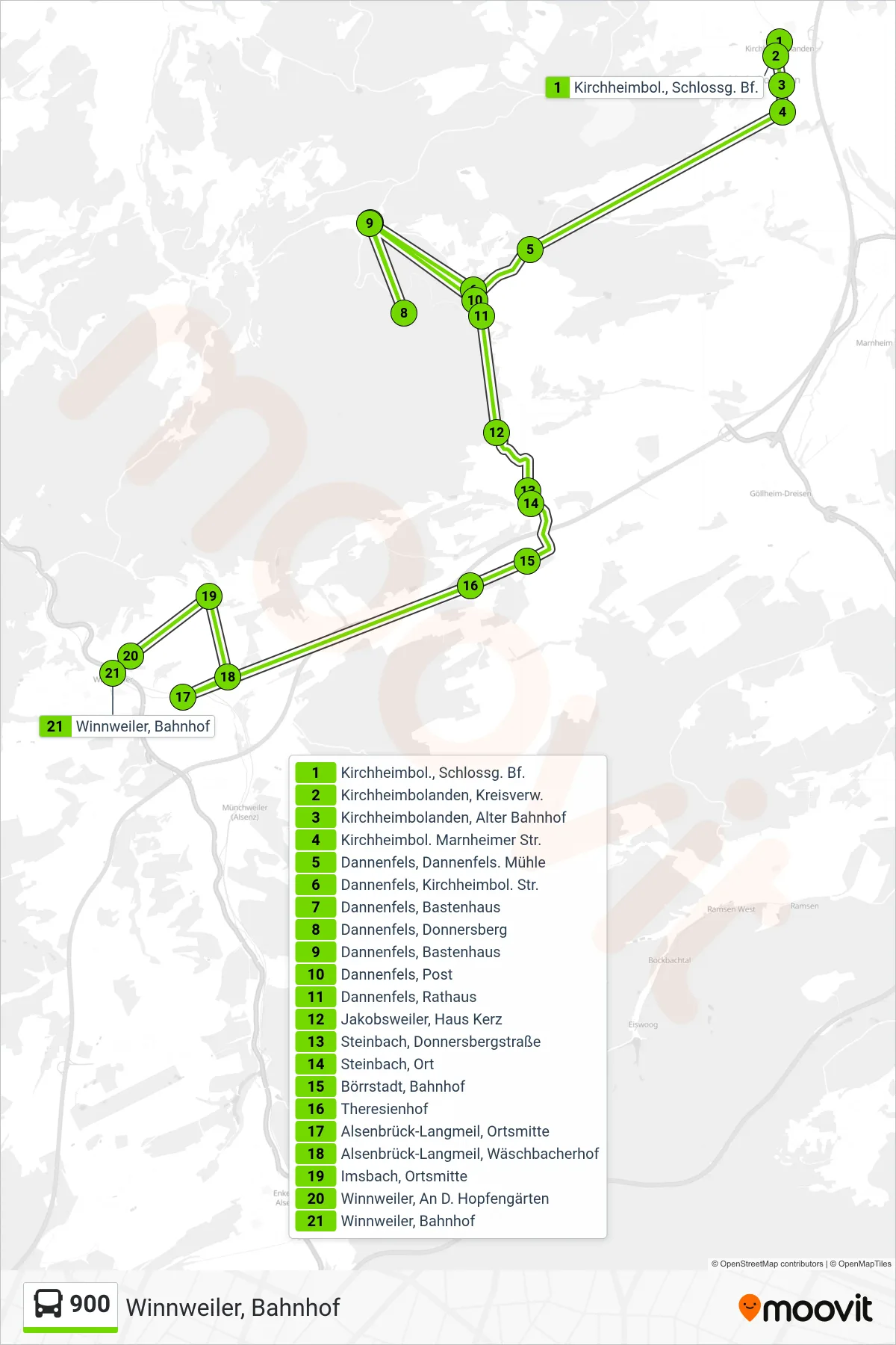 Linie 900 (Bus) Richtung Winnweiler, Bahnhof: Route und Haltestellen auf der Karte