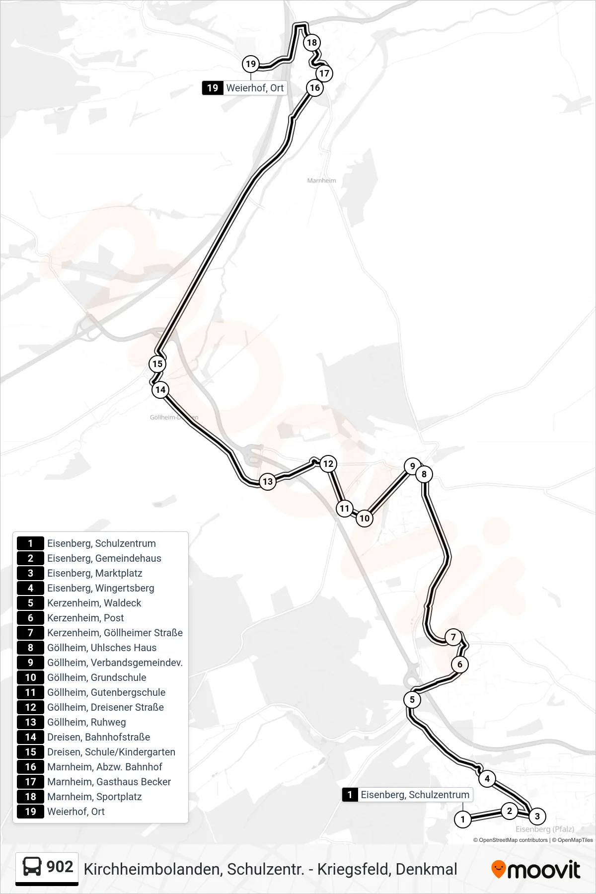 902 bus Line (Weierhof, Ort) route and stops on a map