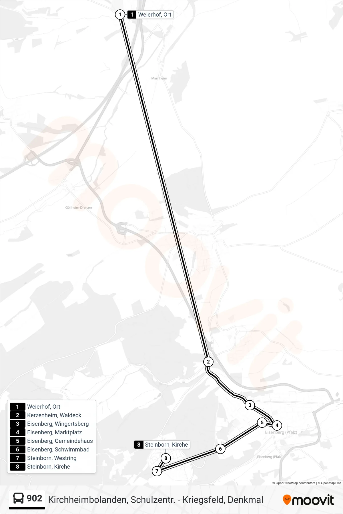902 bus Line (Steinborn, Kirche) route and stops on a map