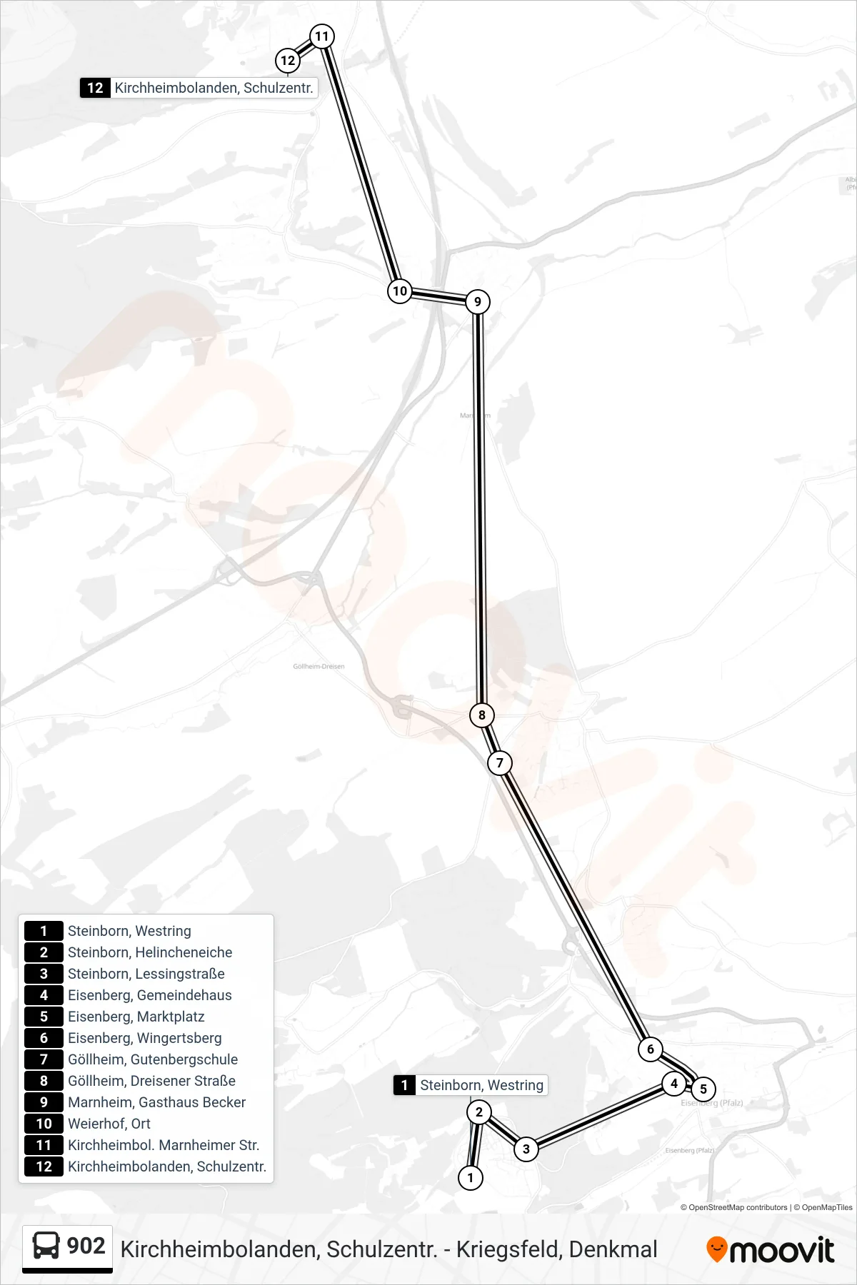 902 bus Line (Kirchheimbolanden, Schulzentr.) route and stops on a map