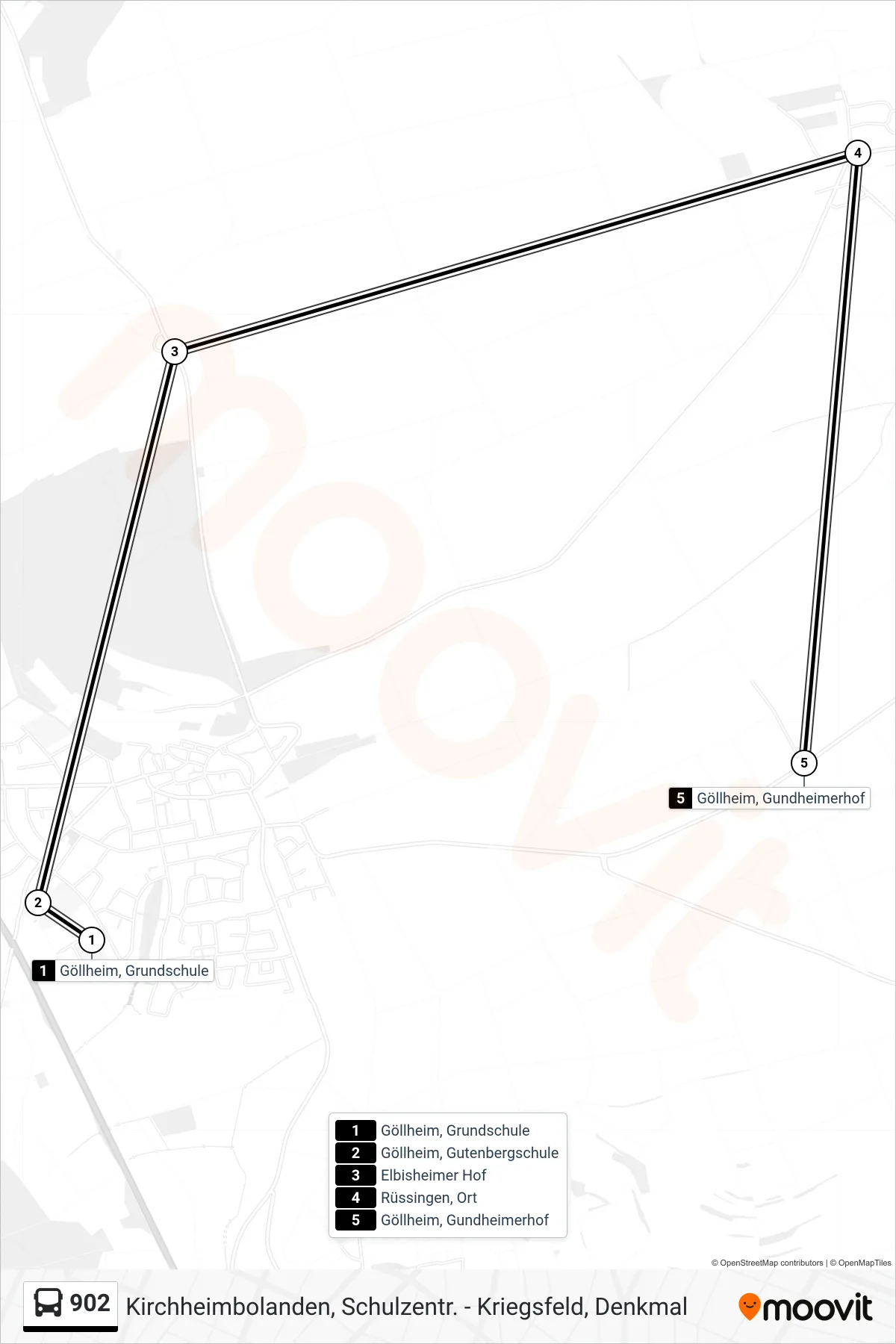 902 bus Line (Göllheim, Gundheimerhof) route and stops on a map