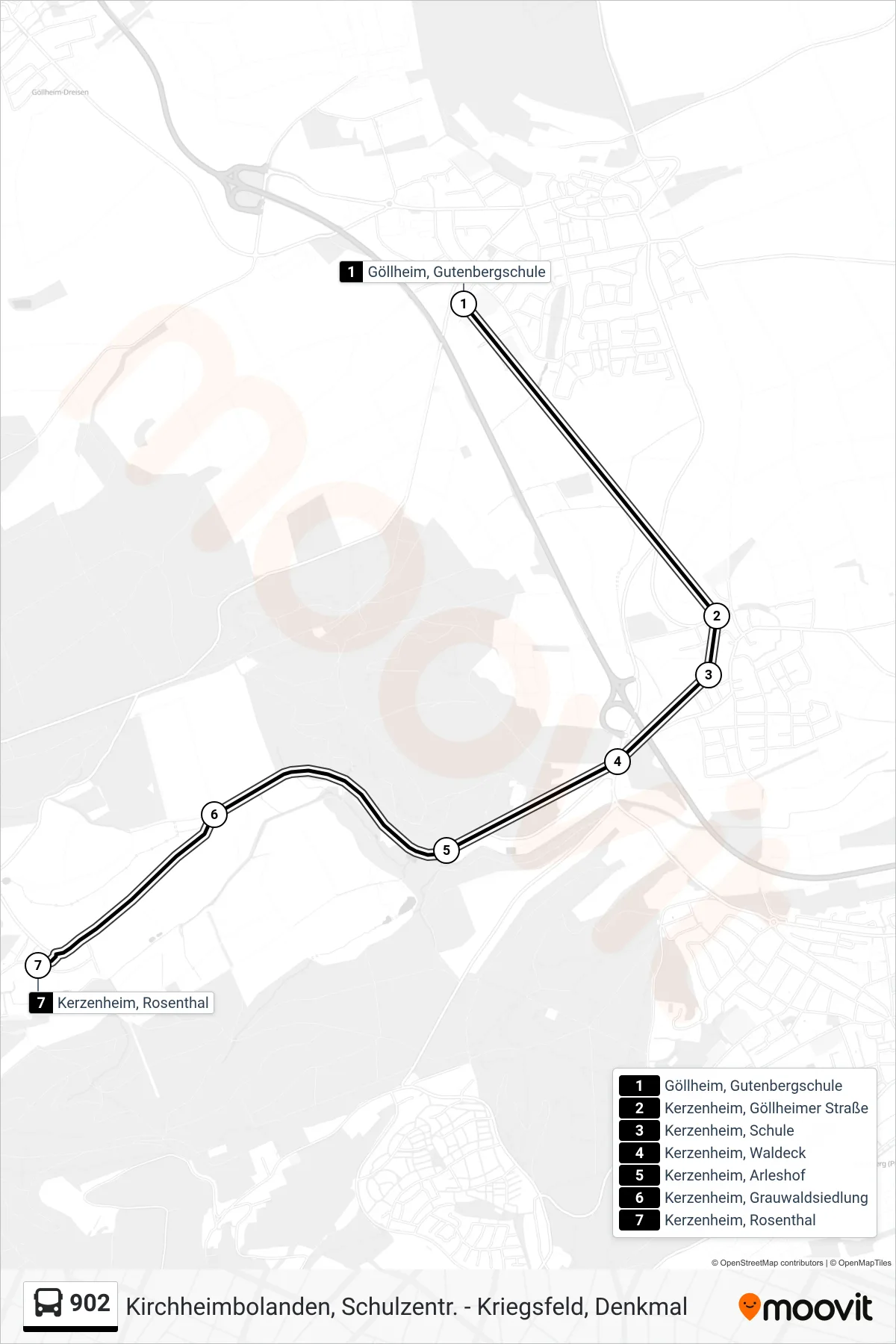902 bus Line (Kerzenheim, Rosenthal) route and stops on a map