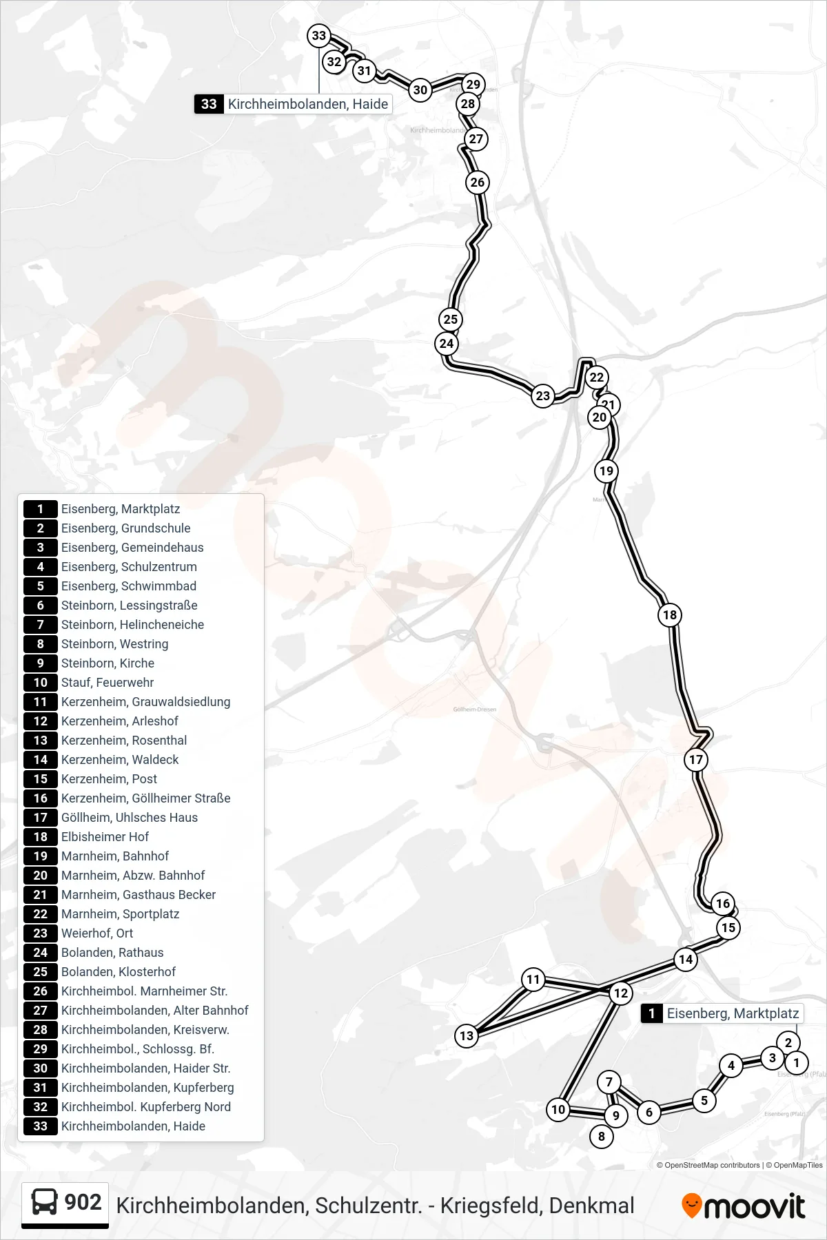902 bus Line (Kirchheimbolanden, Haide) route and stops on a map