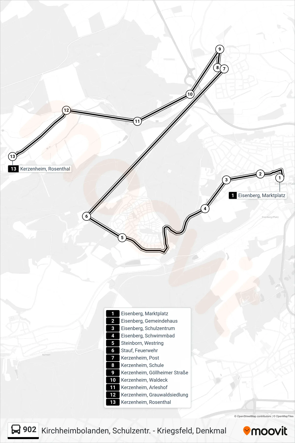 902 bus Line (Kerzenheim, Rosenthal) route and stops on a map