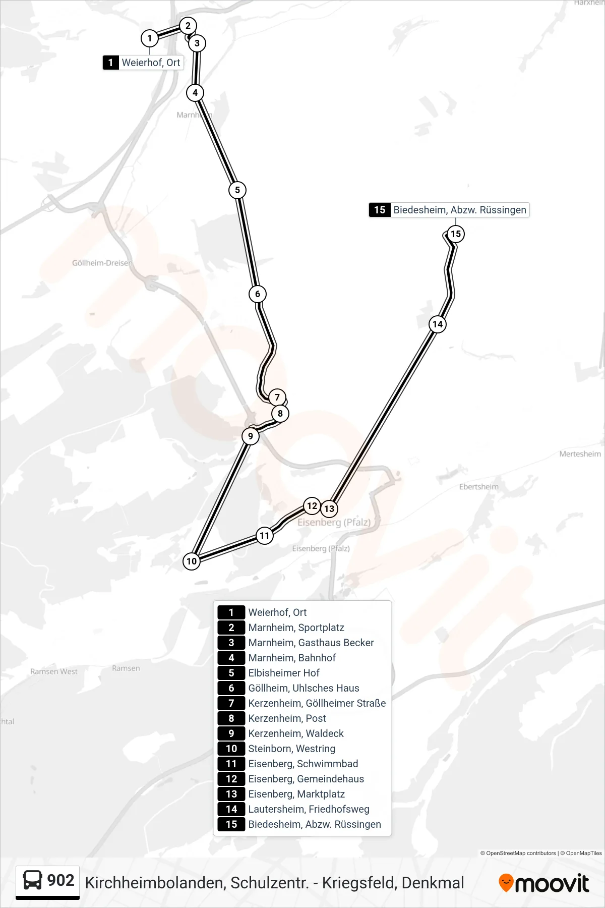 902 bus Line (Biedesheim, Abzw. Rüssingen) route and stops on a map