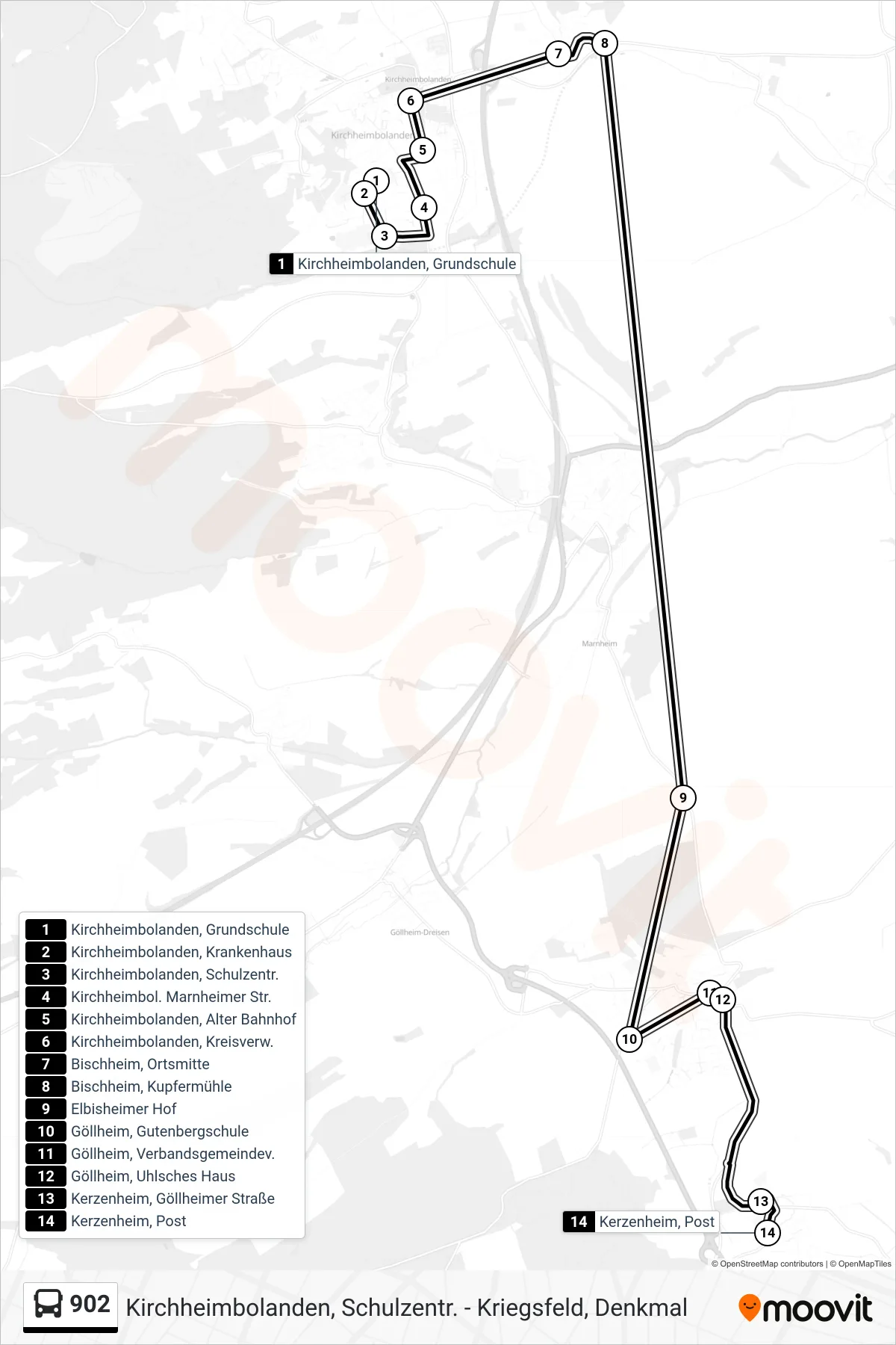 902 bus Line (Kerzenheim, Post) route and stops on a map