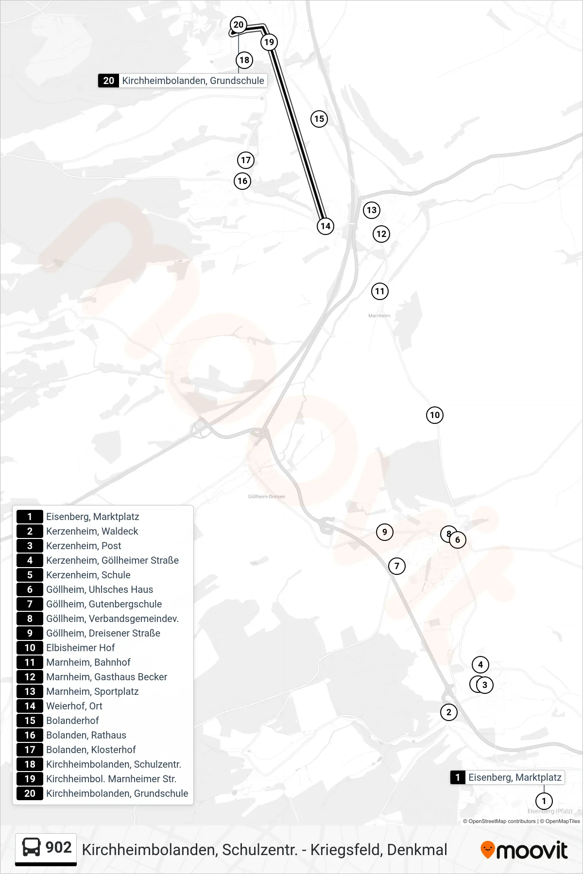 902 bus Line (Kirchheimbolanden, Grundschule) route and stops on a map