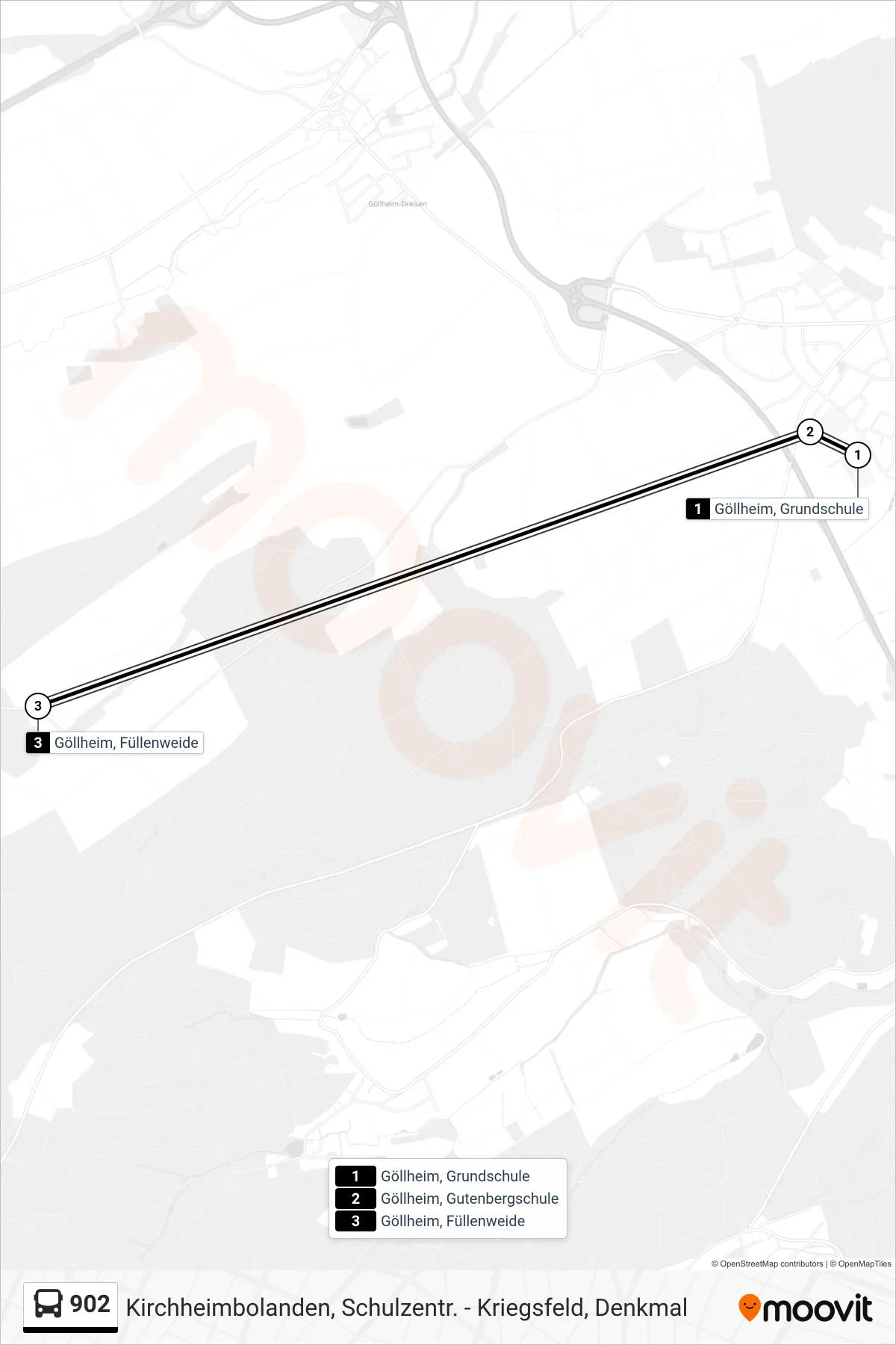 902 bus Line (Göllheim, Füllenweide) route and stops on a map