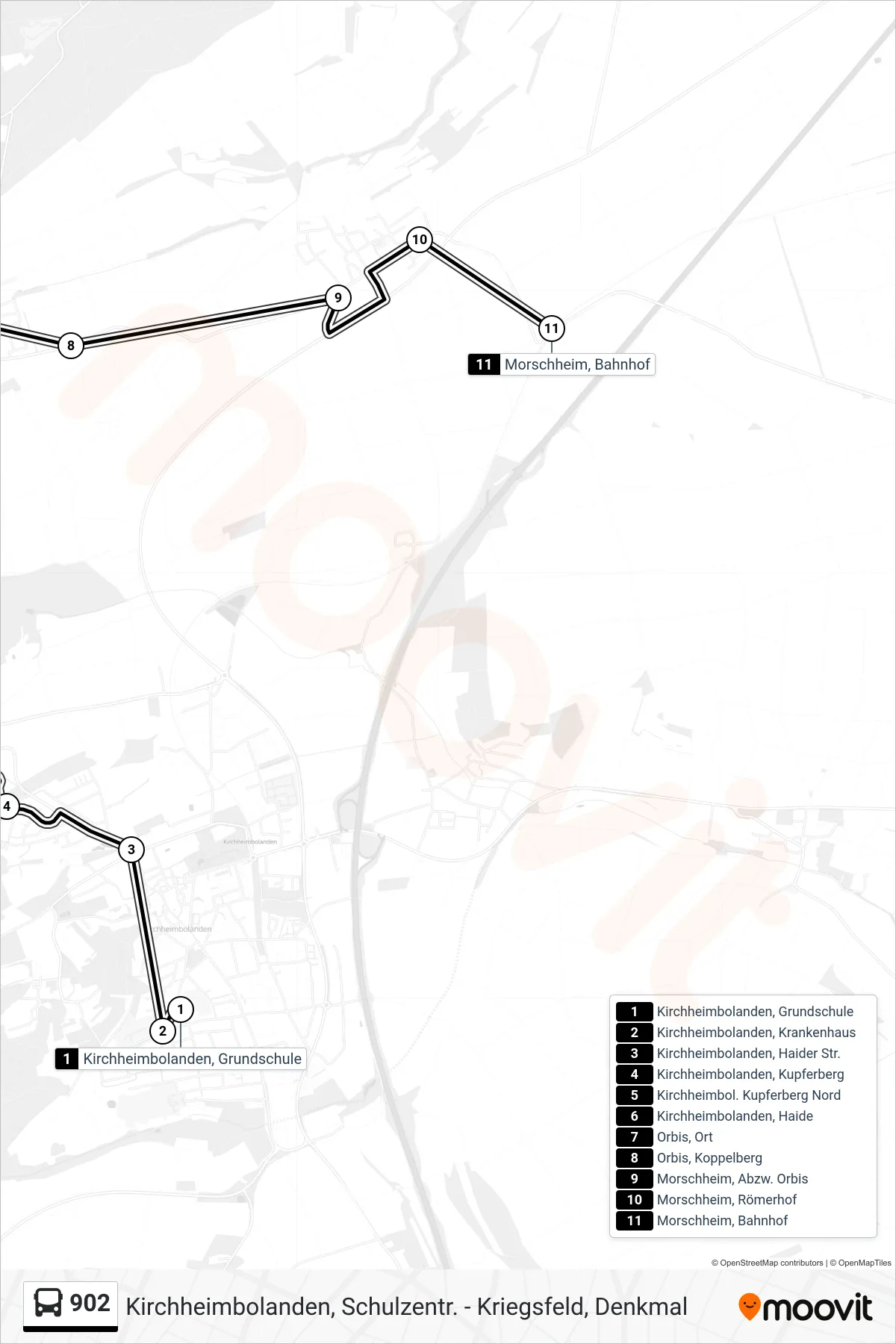 902 bus Line (Morschheim, Bahnhof) route and stops on a map