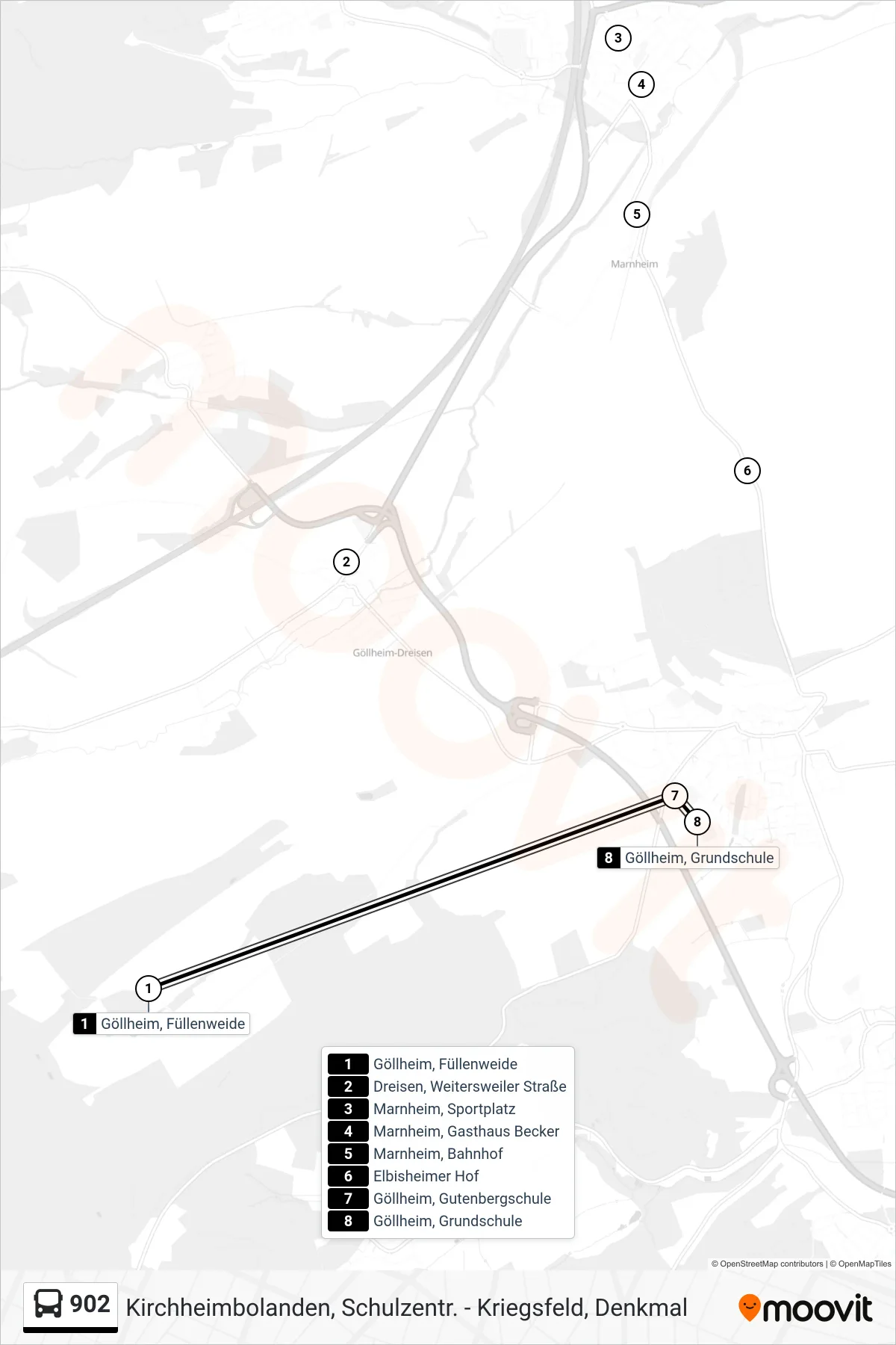 902 bus Line (Göllheim, Grundschule) route and stops on a map