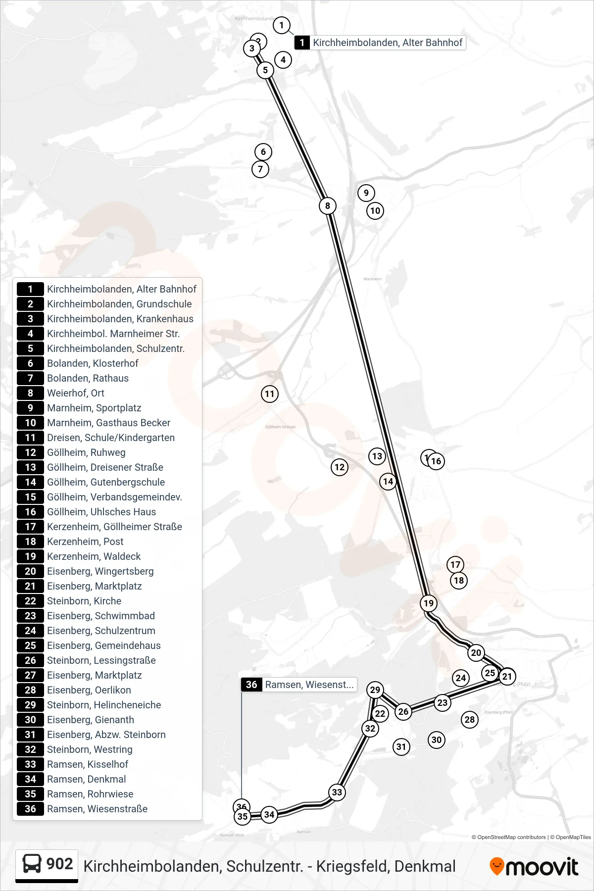 902 bus Line (Ramsen, Wiesenstraße) route and stops on a map