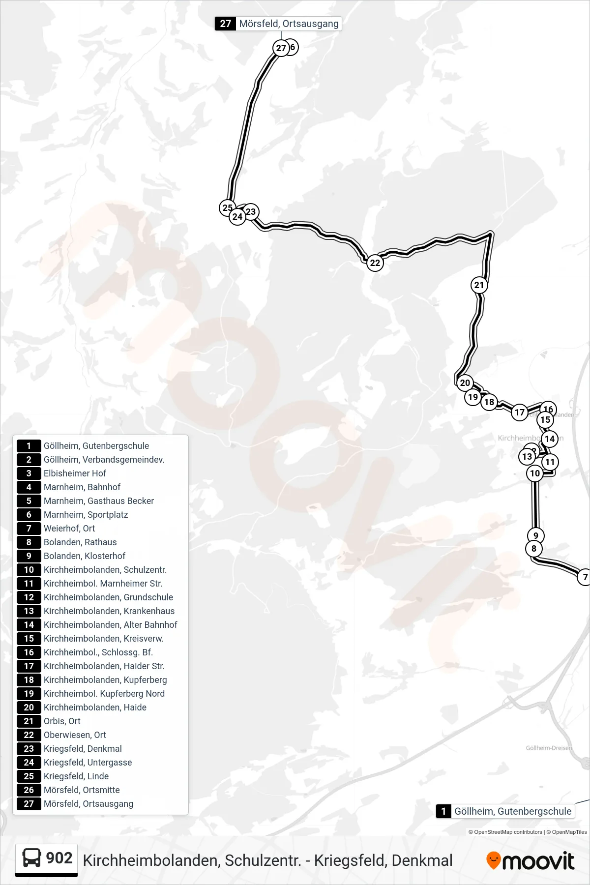 902 bus Line (Mörsfeld, Ortsausgang) route and stops on a map
