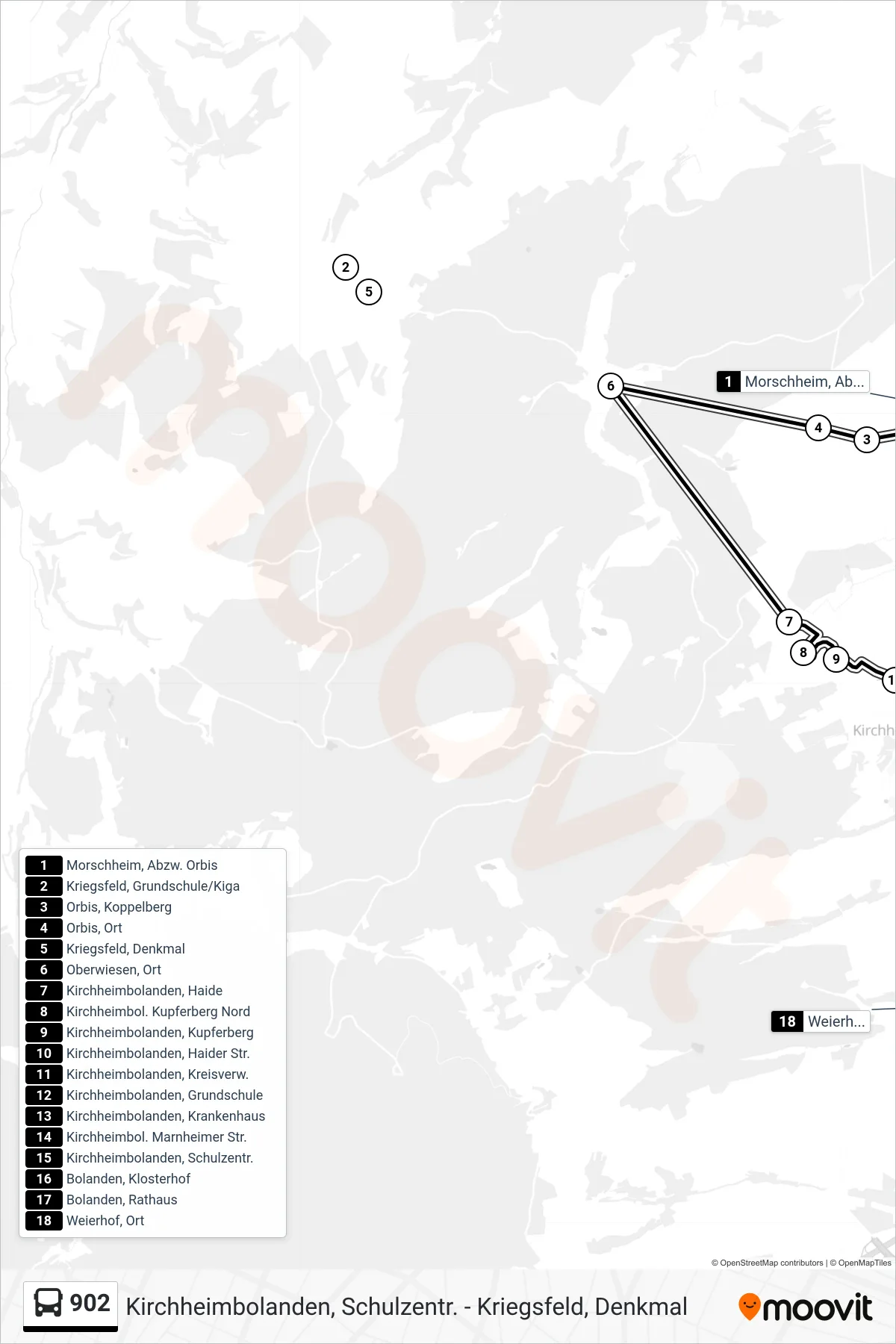 902 bus Line (Weierhof, Ort) route and stops on a map