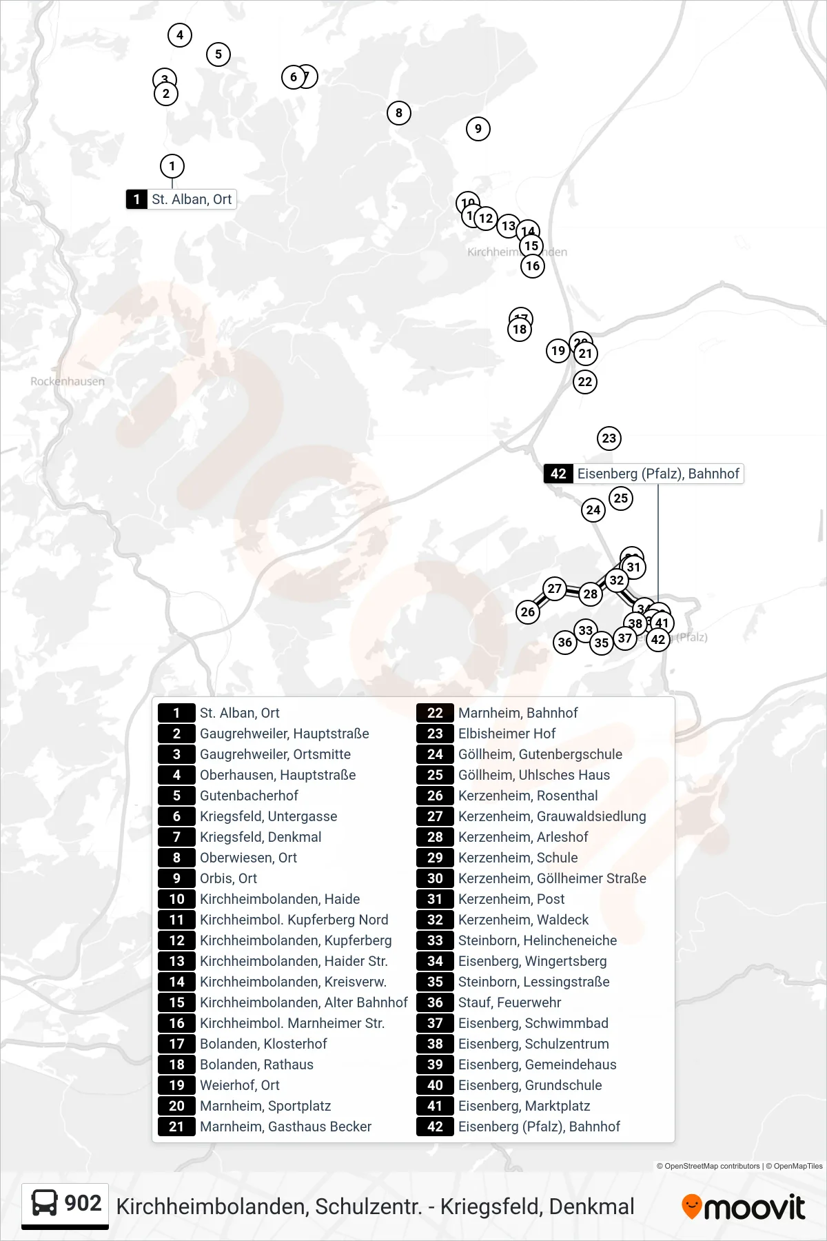 Linie 902 (Bus) Richtung Eisenberg (Pfalz), Bahnhof: Route und Haltestellen auf der Karte