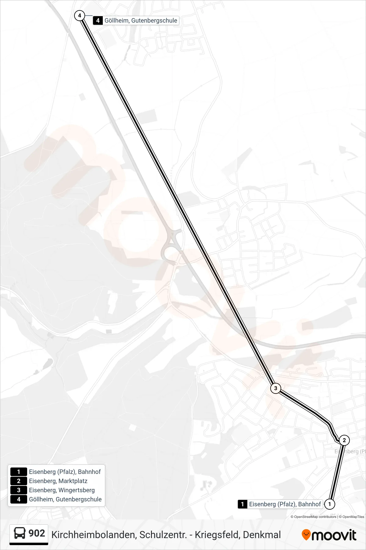 902 bus Line (Göllheim, Gutenbergschule) route and stops on a map