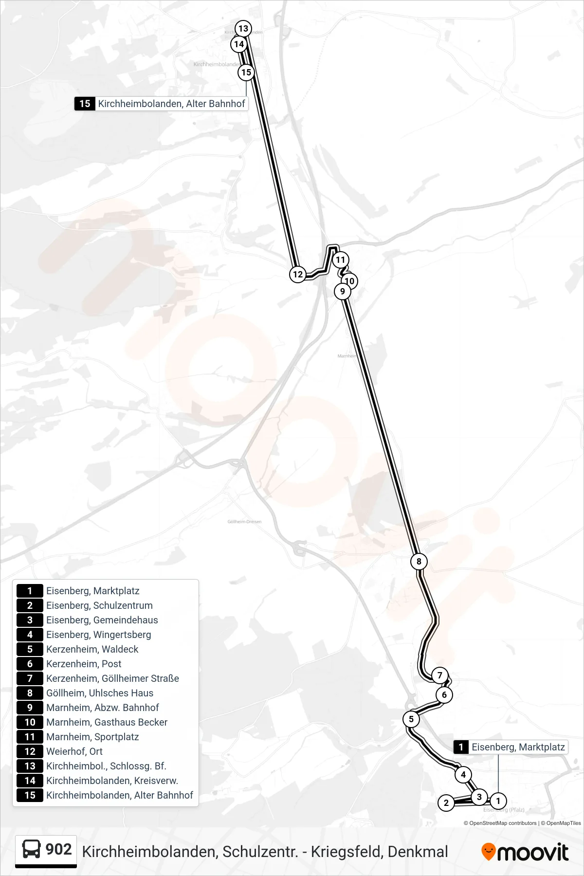 902 bus Line (Kirchheimbolanden, Alter Bahnhof) route and stops on a map