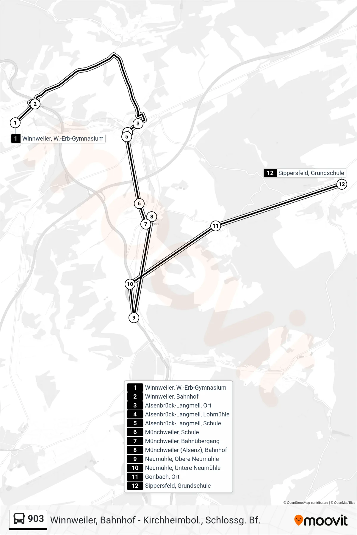 903 bus Line (Sippersfeld, Grundschule) route and stops on a map