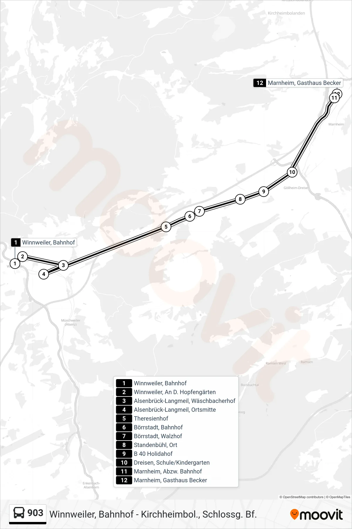 903 bus Line (Marnheim, Gasthaus Becker) route and stops on a map