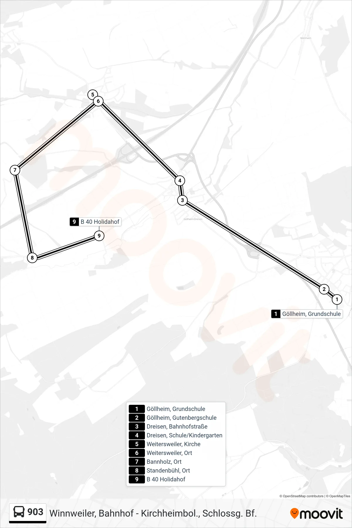 903 bus Line (B 40 Holidahof) route and stops on a map