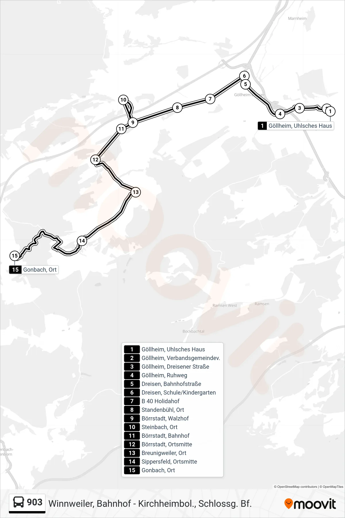 903 bus Line (Gonbach, Ort) route and stops on a map