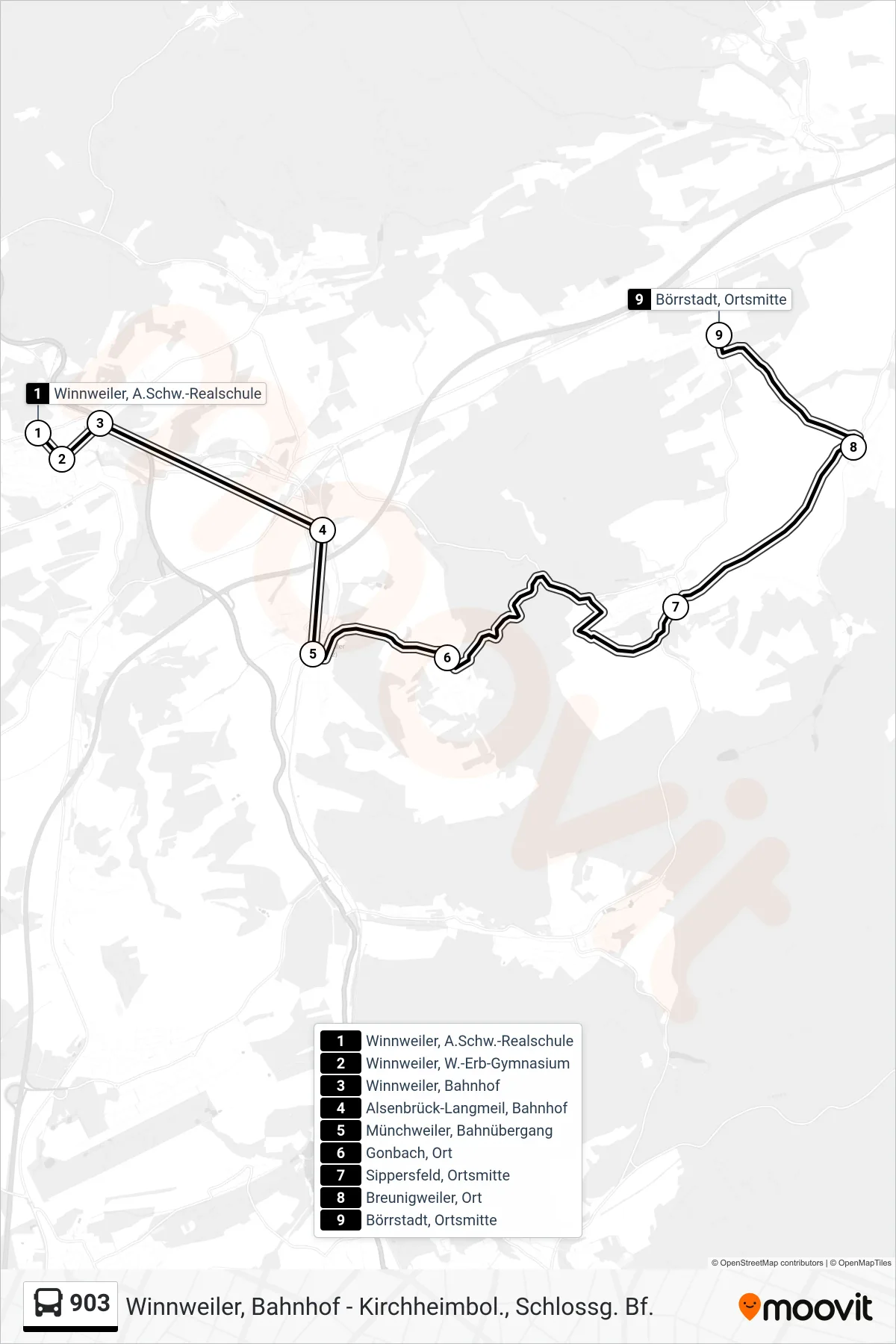 903 bus Line (Börrstadt, Ortsmitte) route and stops on a map