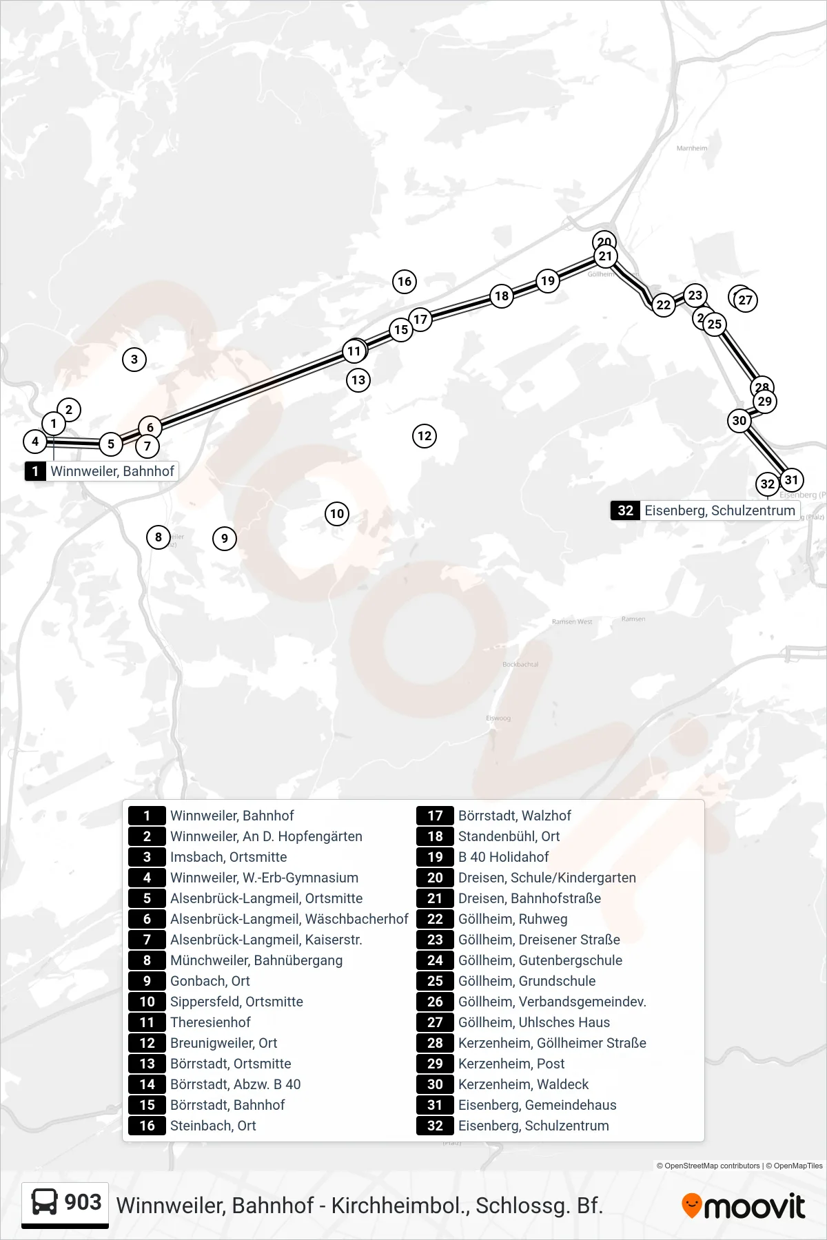 903 bus Line (Eisenberg, Schulzentrum) route and stops on a map