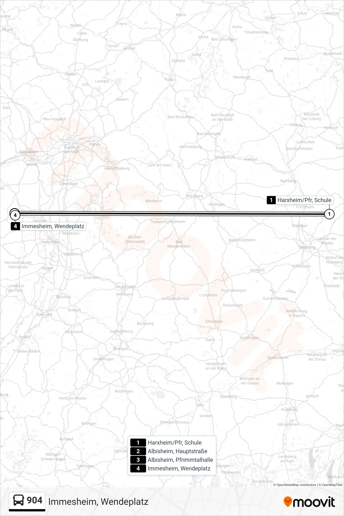 904 bus Line (Immesheim, Wendeplatz) route and stops on a map