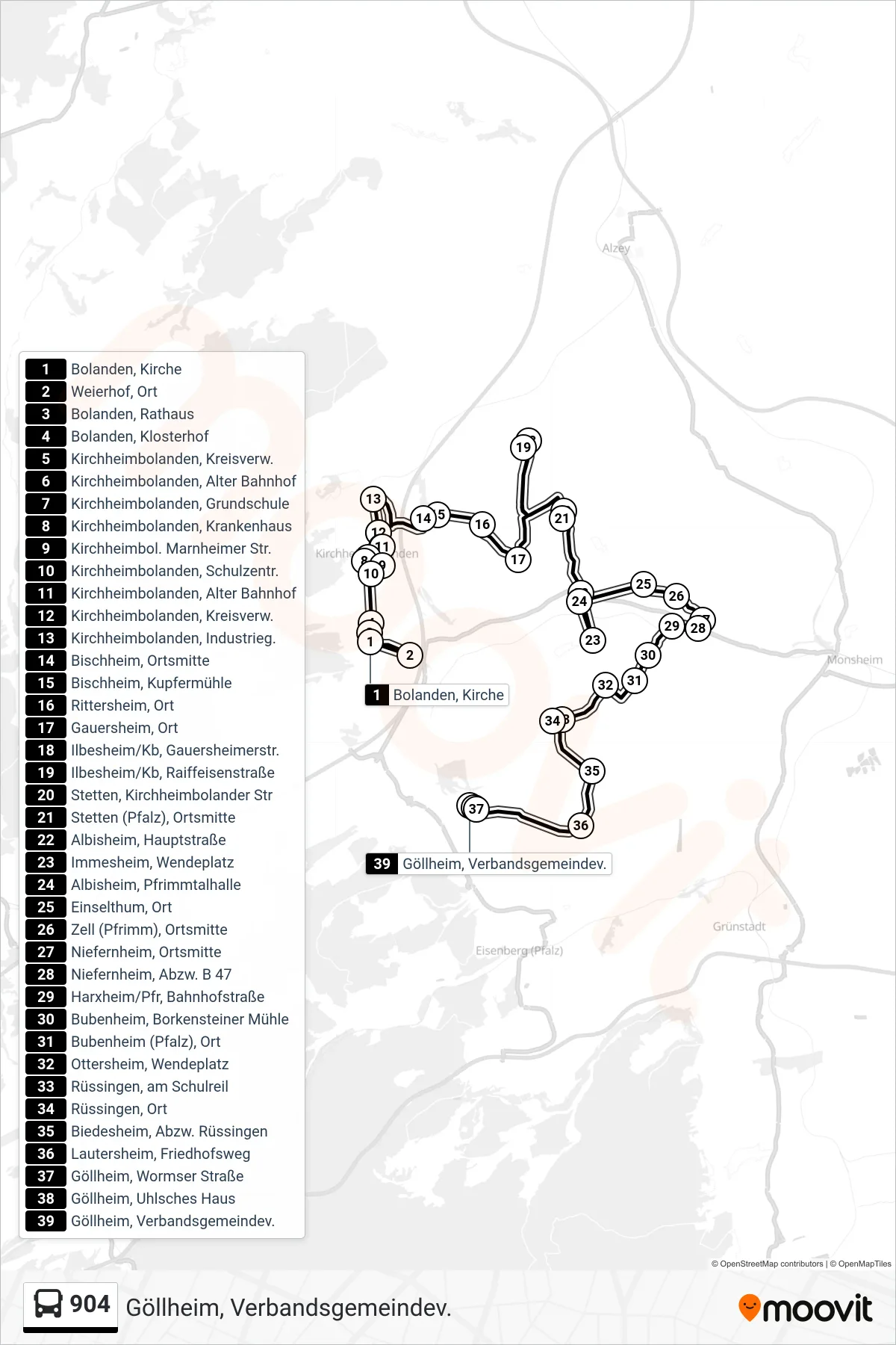 904 bus Line (Göllheim, Verbandsgemeindev.) route and stops on a map