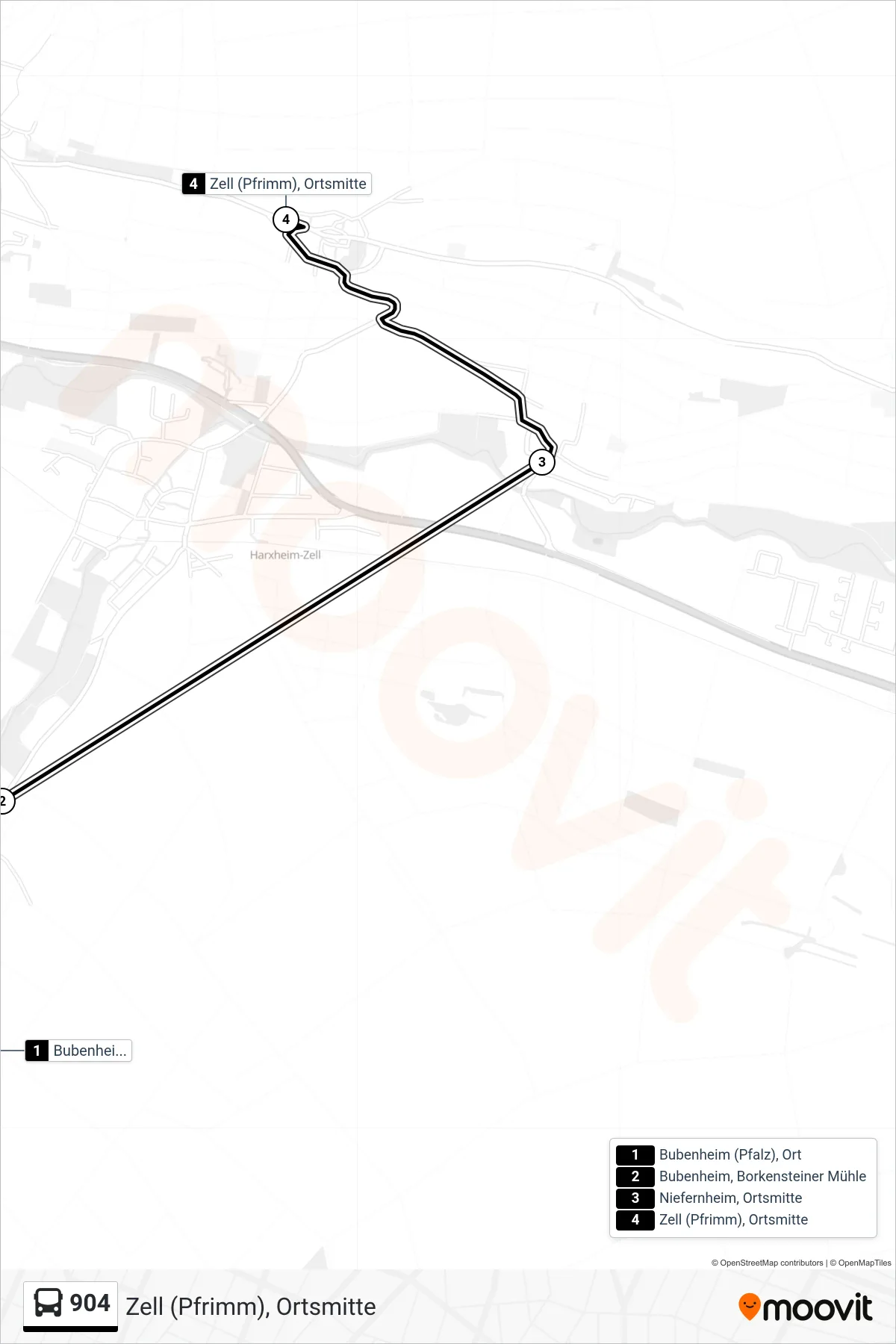 904 bus Line (Zell (Pfrimm), Ortsmitte) route and stops on a map