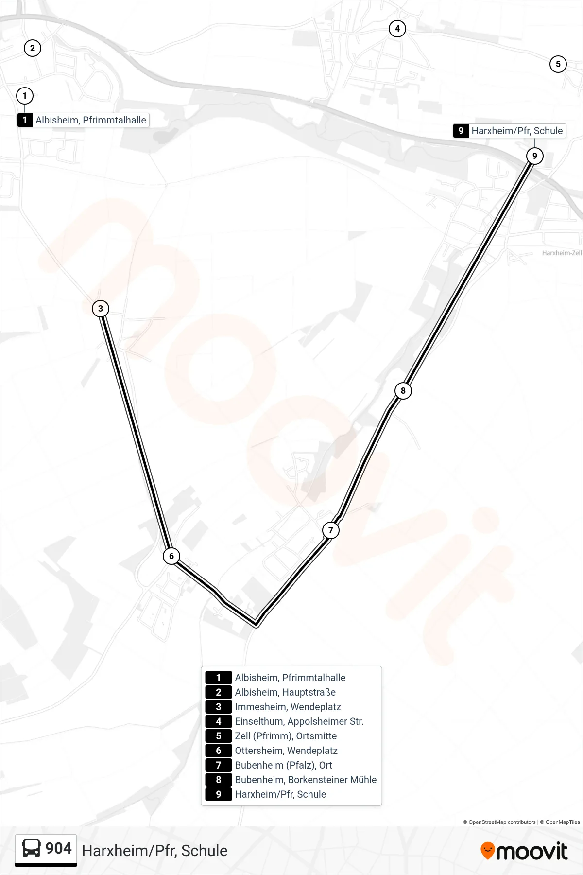 904 bus Line (Harxheim/Pfr, Schule) route and stops on a map