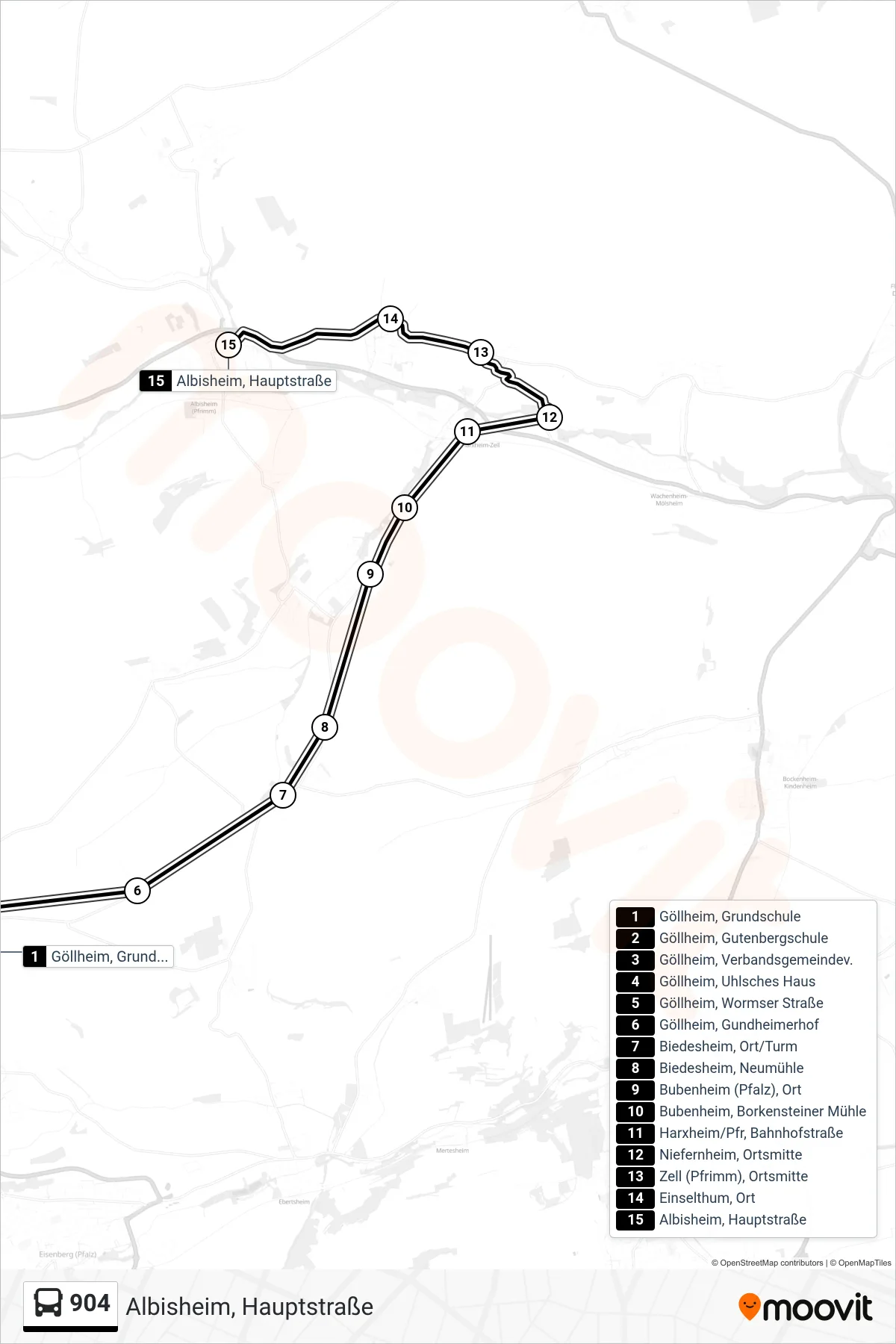 904 bus Line (Albisheim, Hauptstraße) route and stops on a map