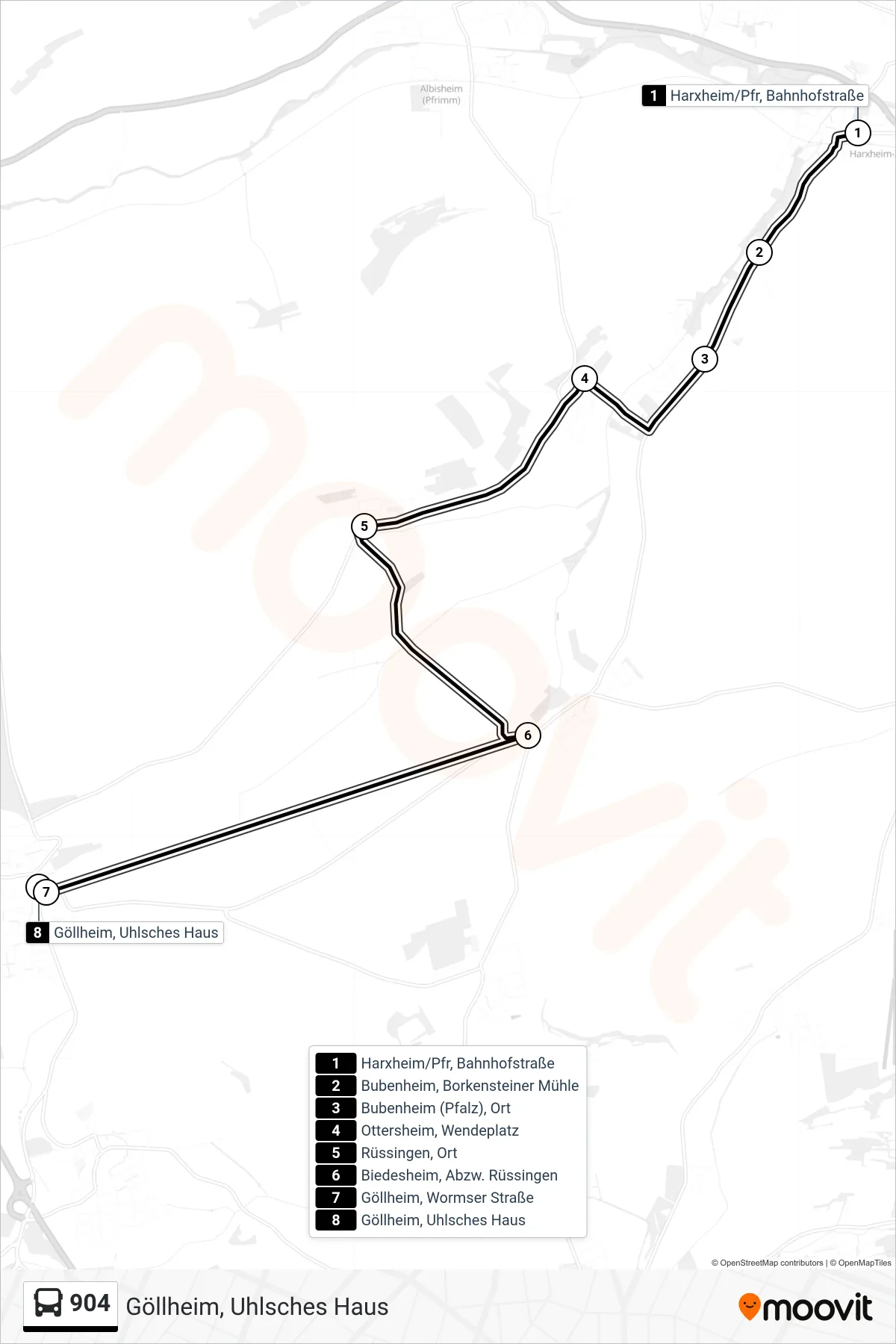 904 bus Line (Göllheim, Uhlsches Haus) route and stops on a map
