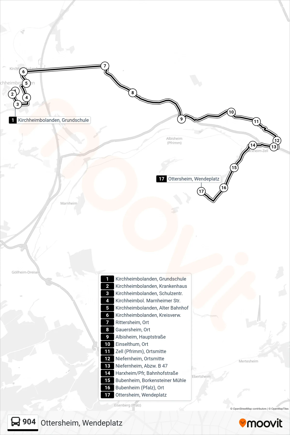 904 bus Line (Ottersheim, Wendeplatz) route and stops on a map