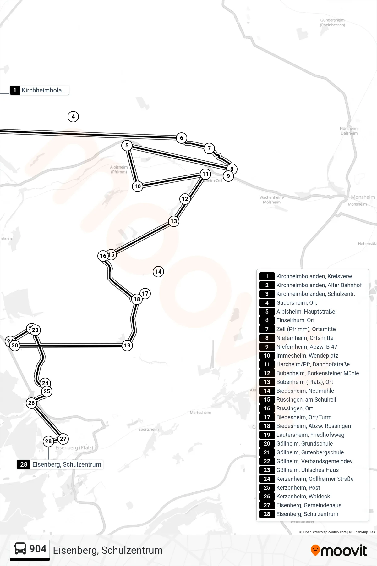 904 bus Line (Eisenberg, Schulzentrum) route and stops on a map