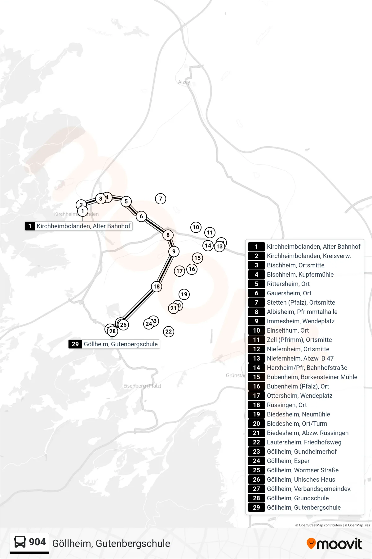904 bus Line (Göllheim, Gutenbergschule) route and stops on a map