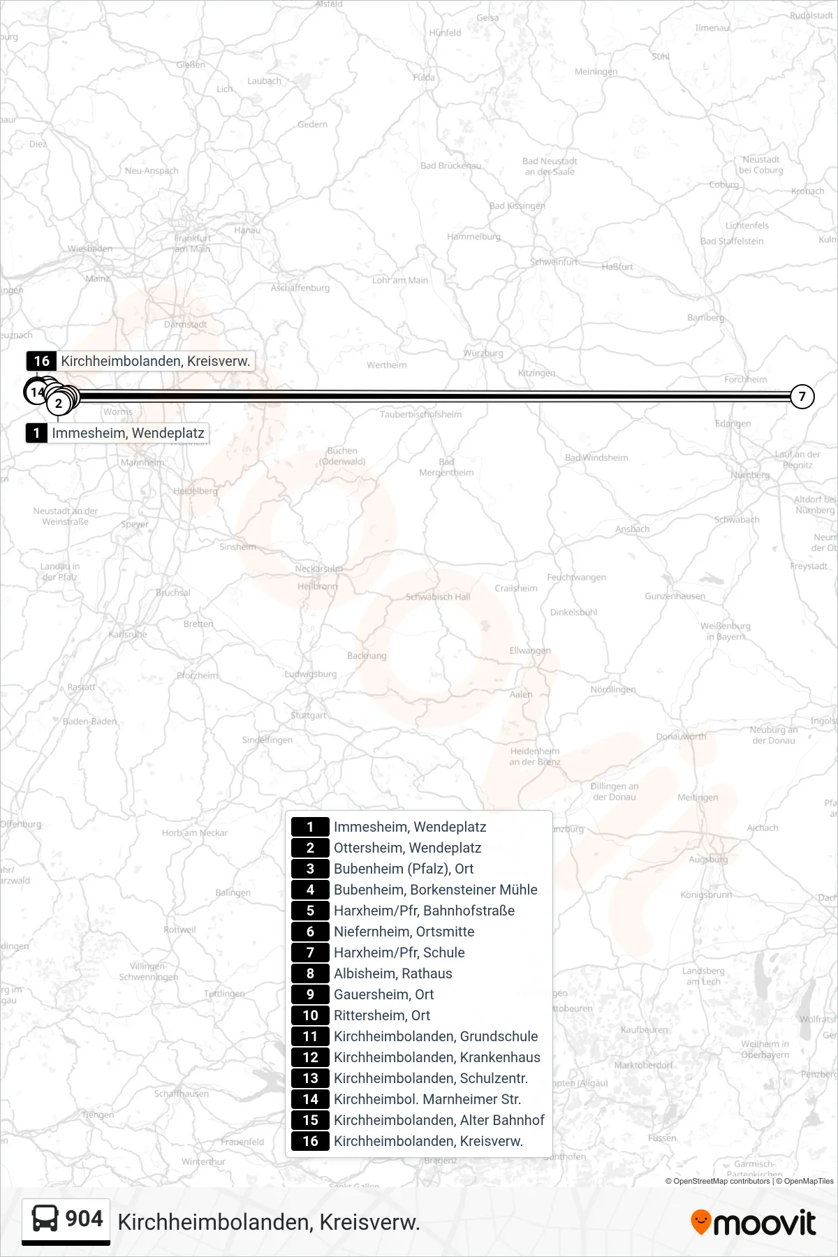 904 bus Line (Kirchheimbolanden, Kreisverw.) route and stops on a map