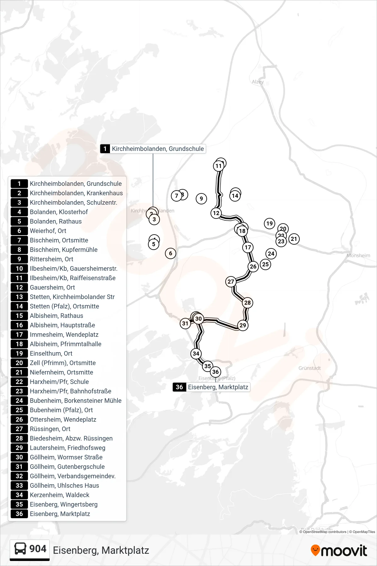 Linie 904 (Bus) Richtung Eisenberg, Marktplatz: Route und Haltestellen auf der Karte