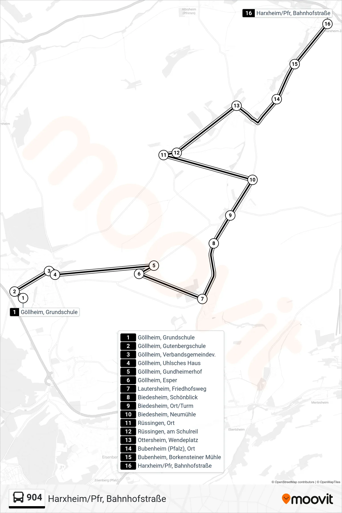 904 bus Line (Harxheim/Pfr, Bahnhofstraße) route and stops on a map