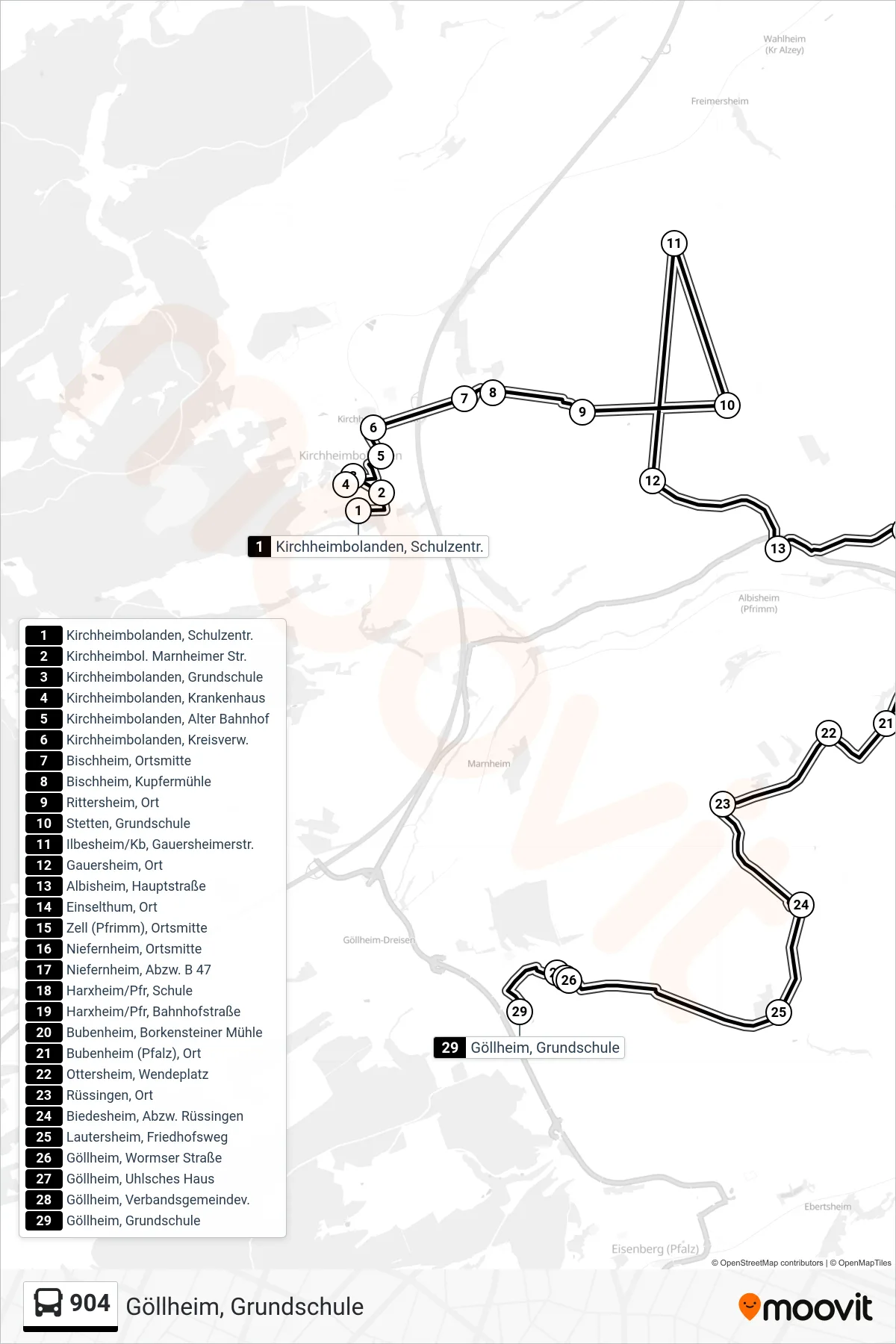 904 bus Line (Göllheim, Grundschule) route and stops on a map