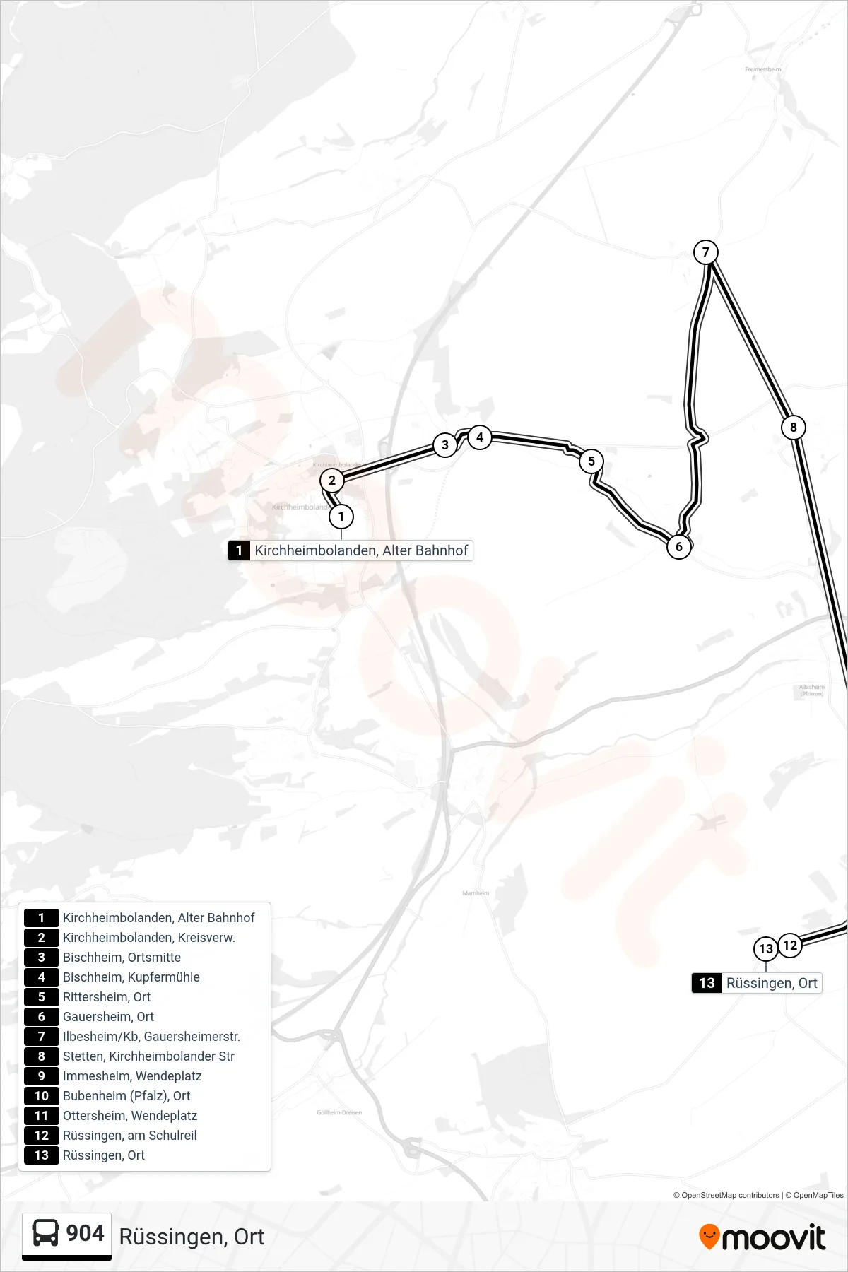 904 bus Line (Rüssingen, Ort) route and stops on a map