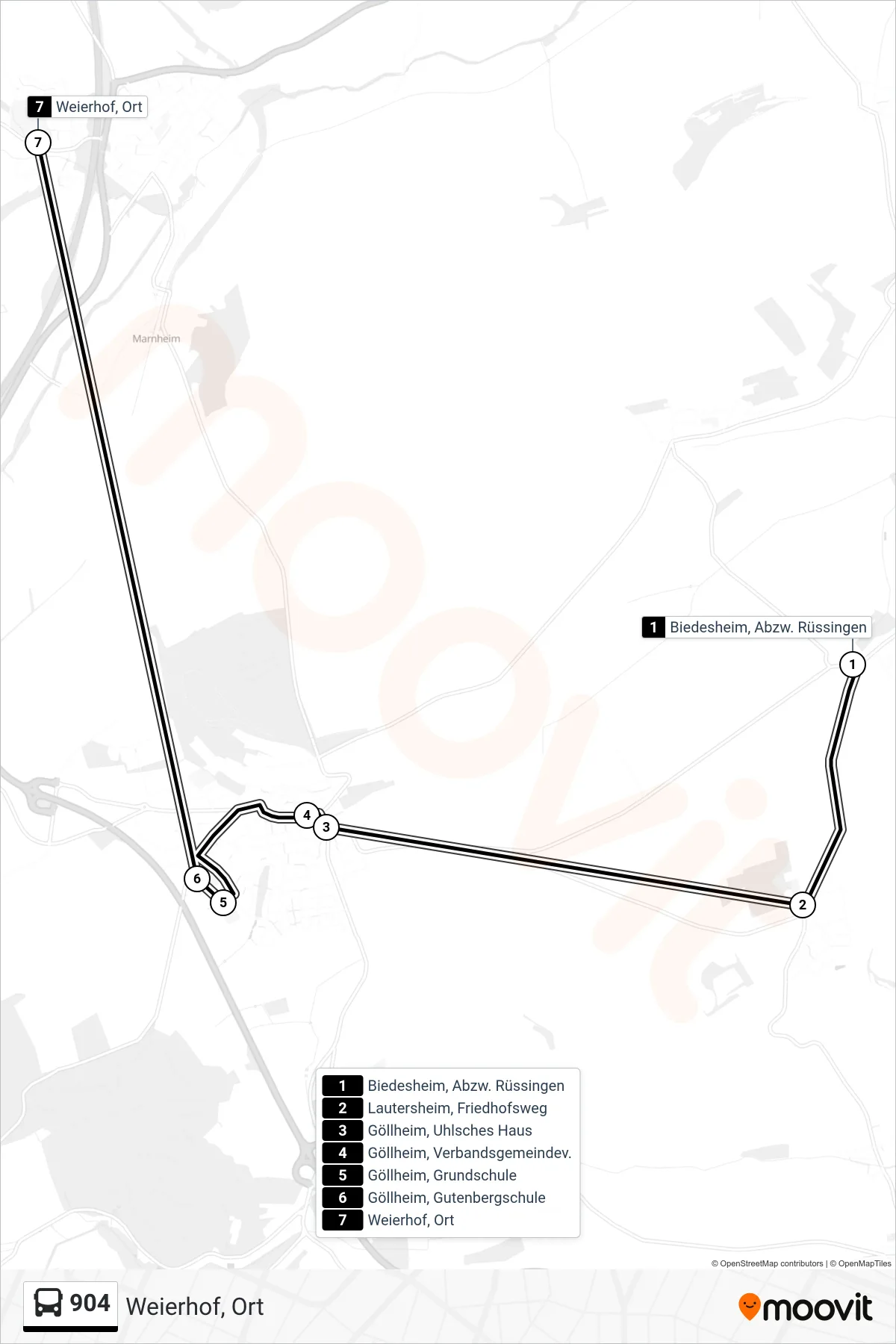 904 bus Line (Weierhof, Ort) route and stops on a map