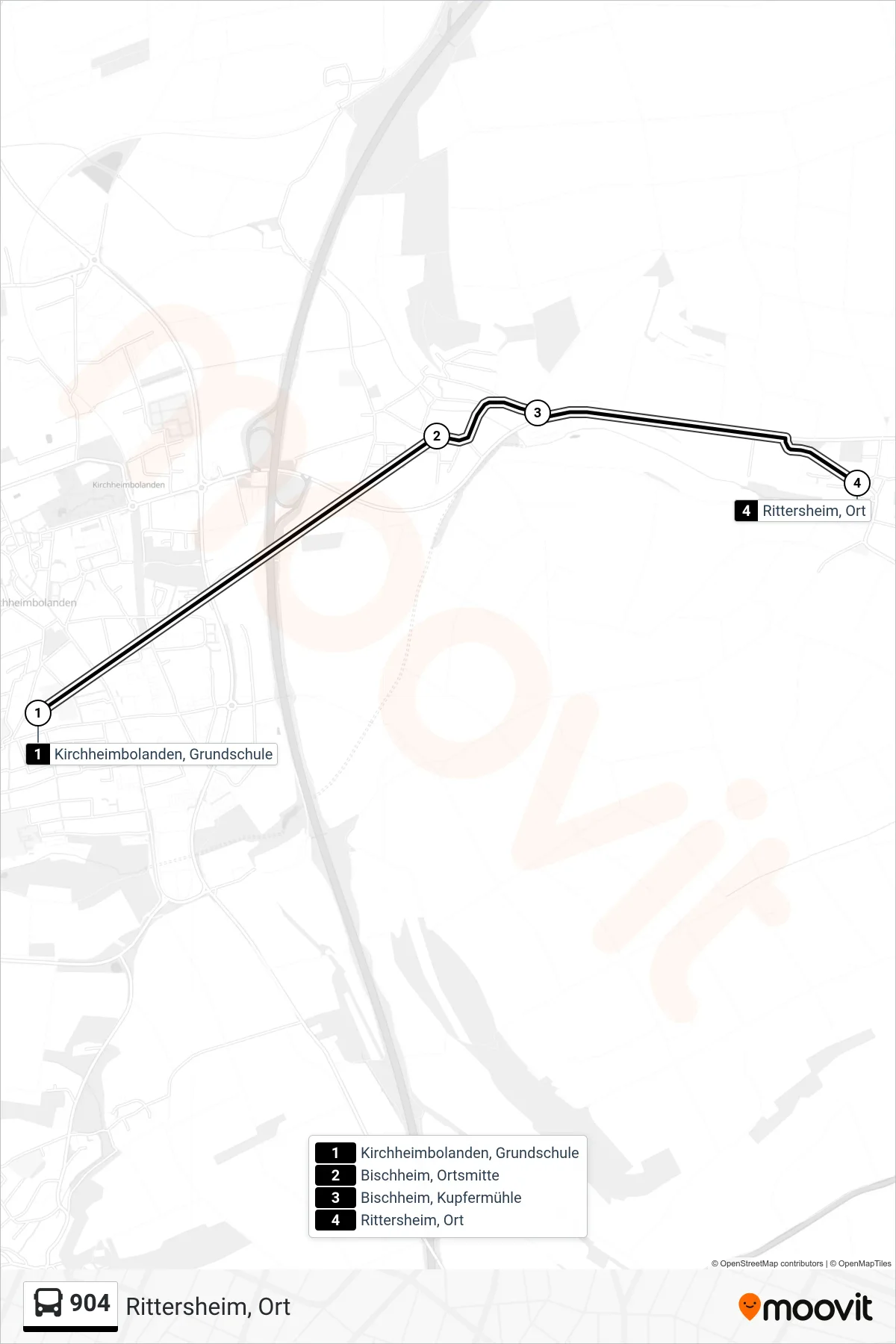 904 bus Line (Rittersheim, Ort) route and stops on a map