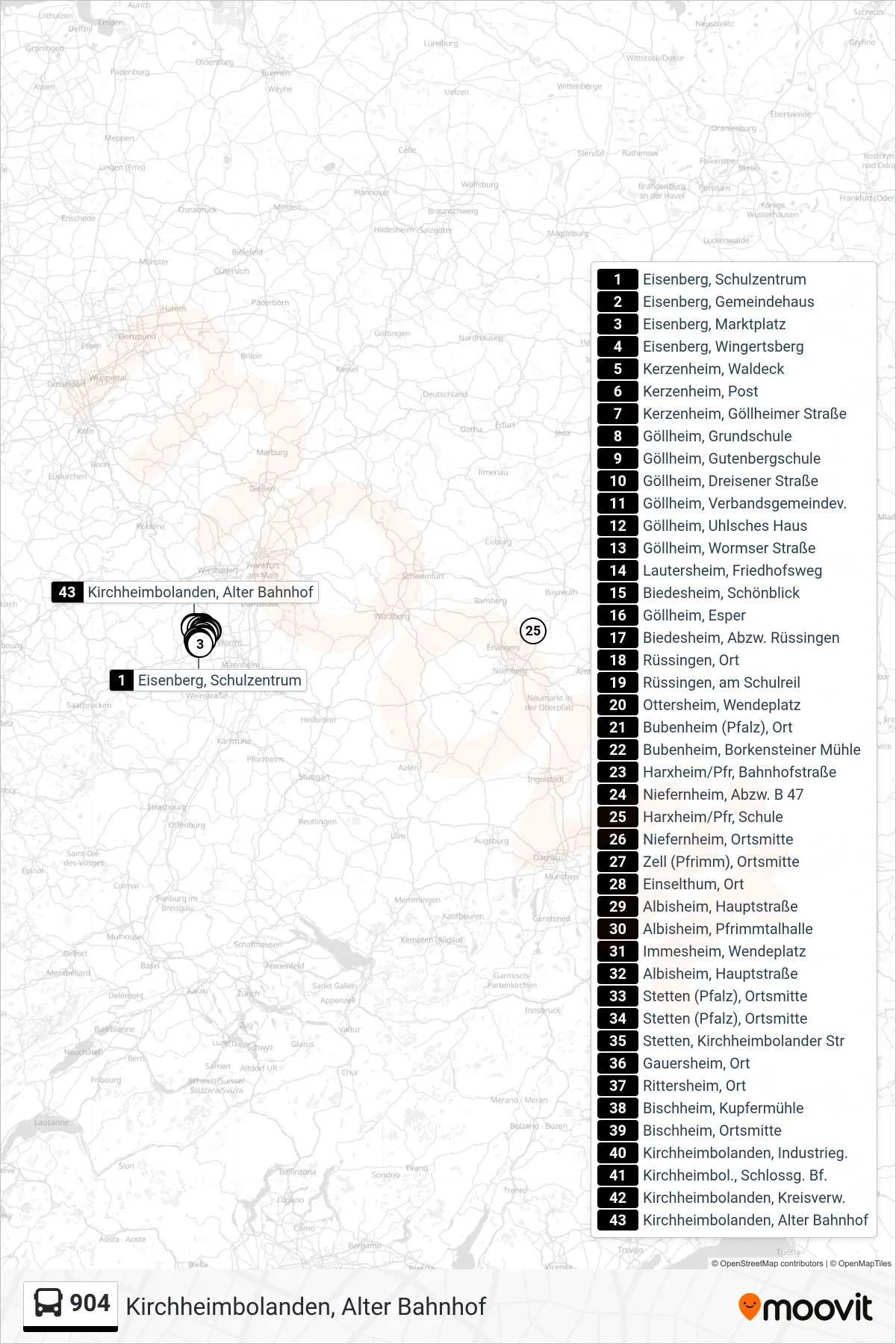 904 bus Line (Kirchheimbolanden, Alter Bahnhof) route and stops on a map