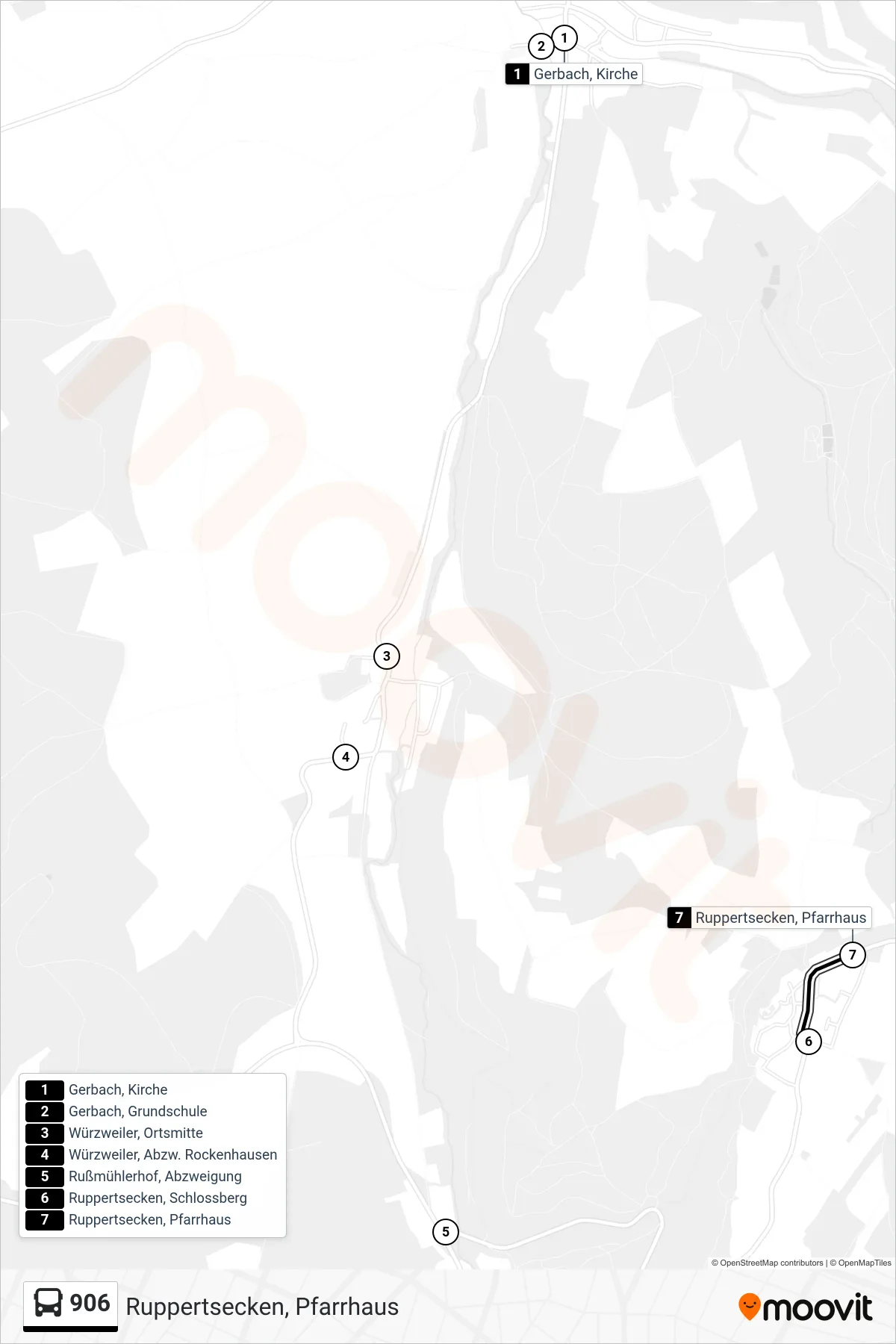 906 bus Line (Ruppertsecken, Pfarrhaus) route and stops on a map
