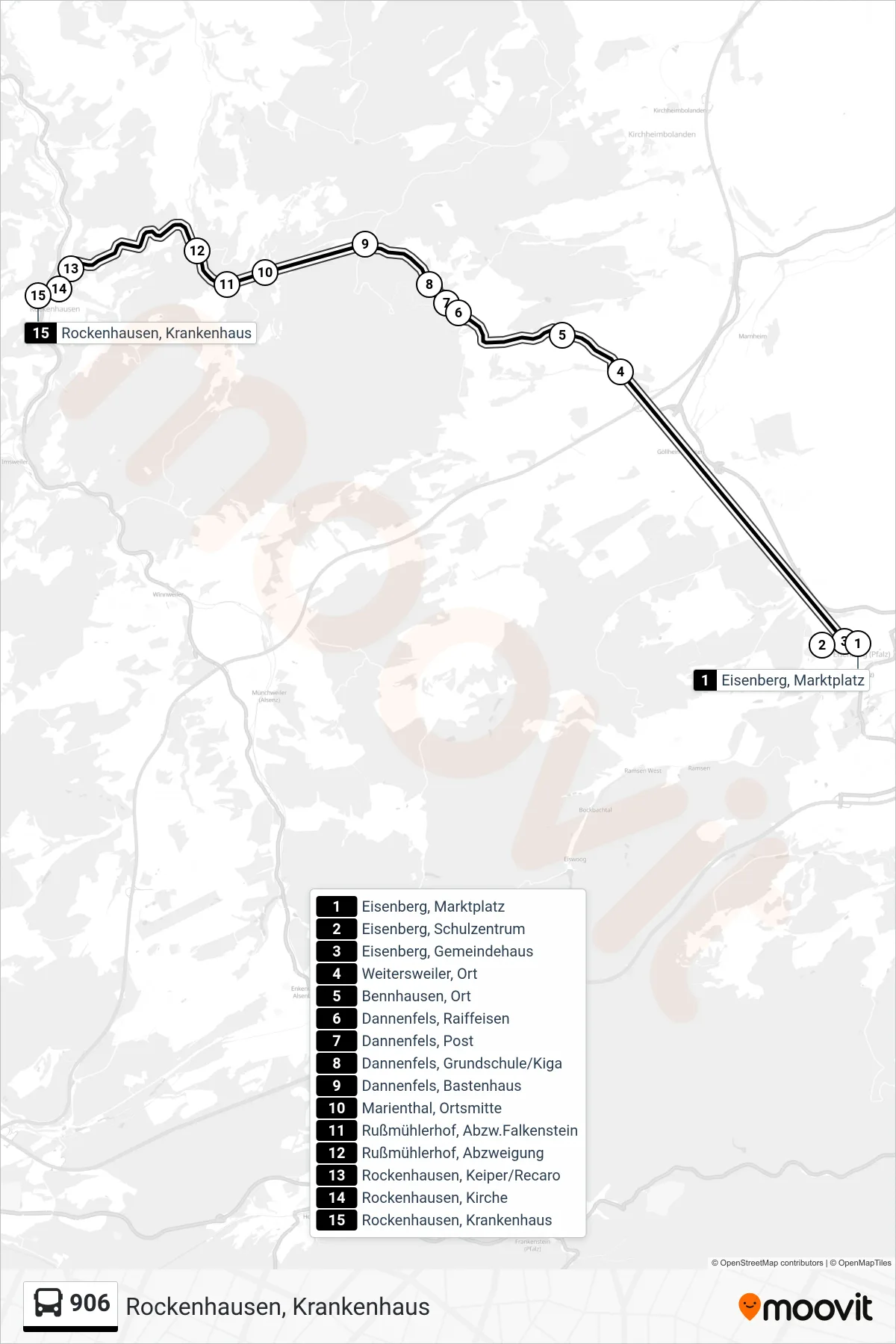 906 bus Line (Rockenhausen, Krankenhaus) route and stops on a map